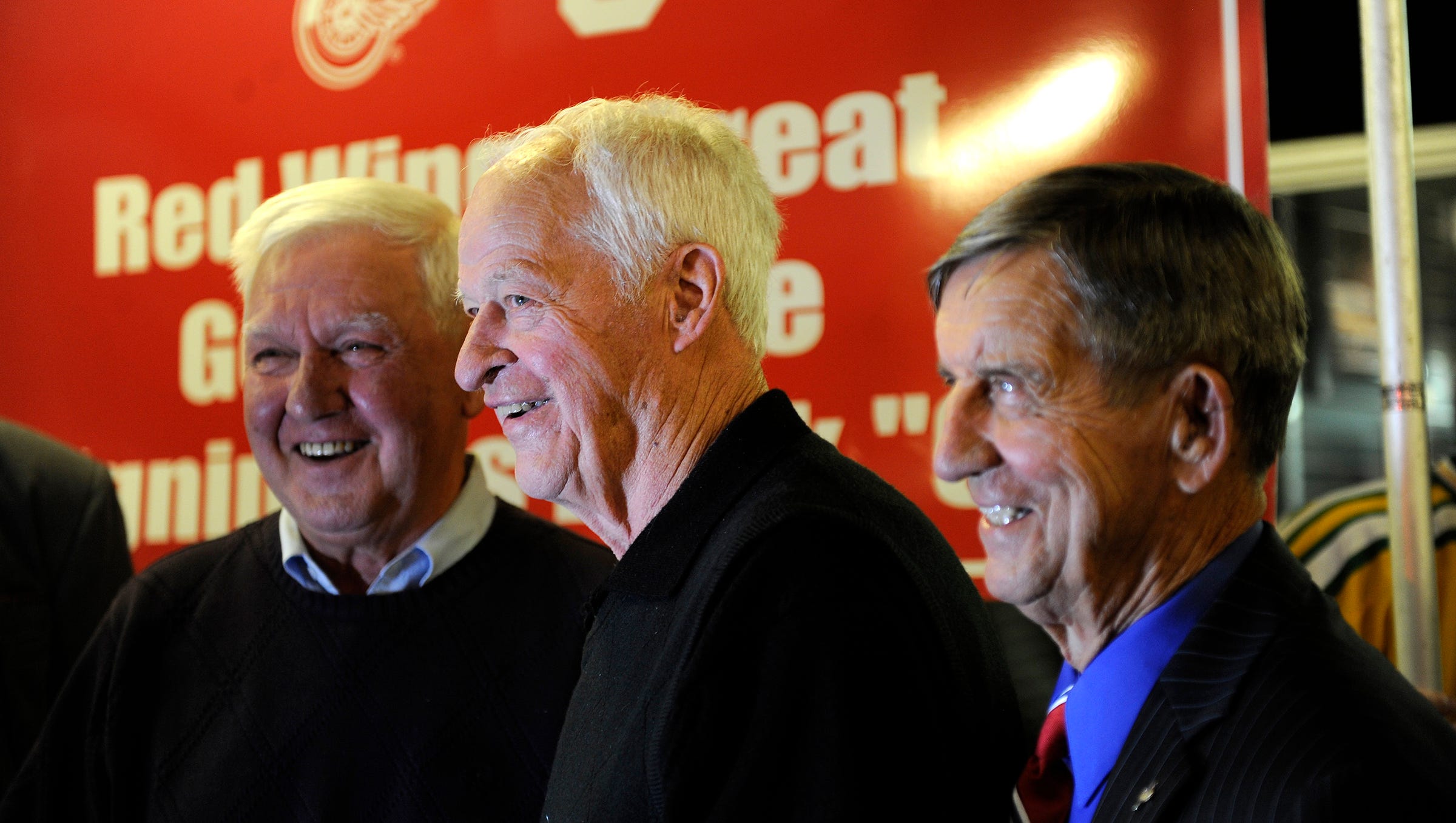 Red Wings greats, from left, Alex Delvecchio, Gordie Howe and Ted Lindsay on the concourse during the second period against the Chicago Blackhawks March 31, 2013, shortly after Howe's 85th birthday.