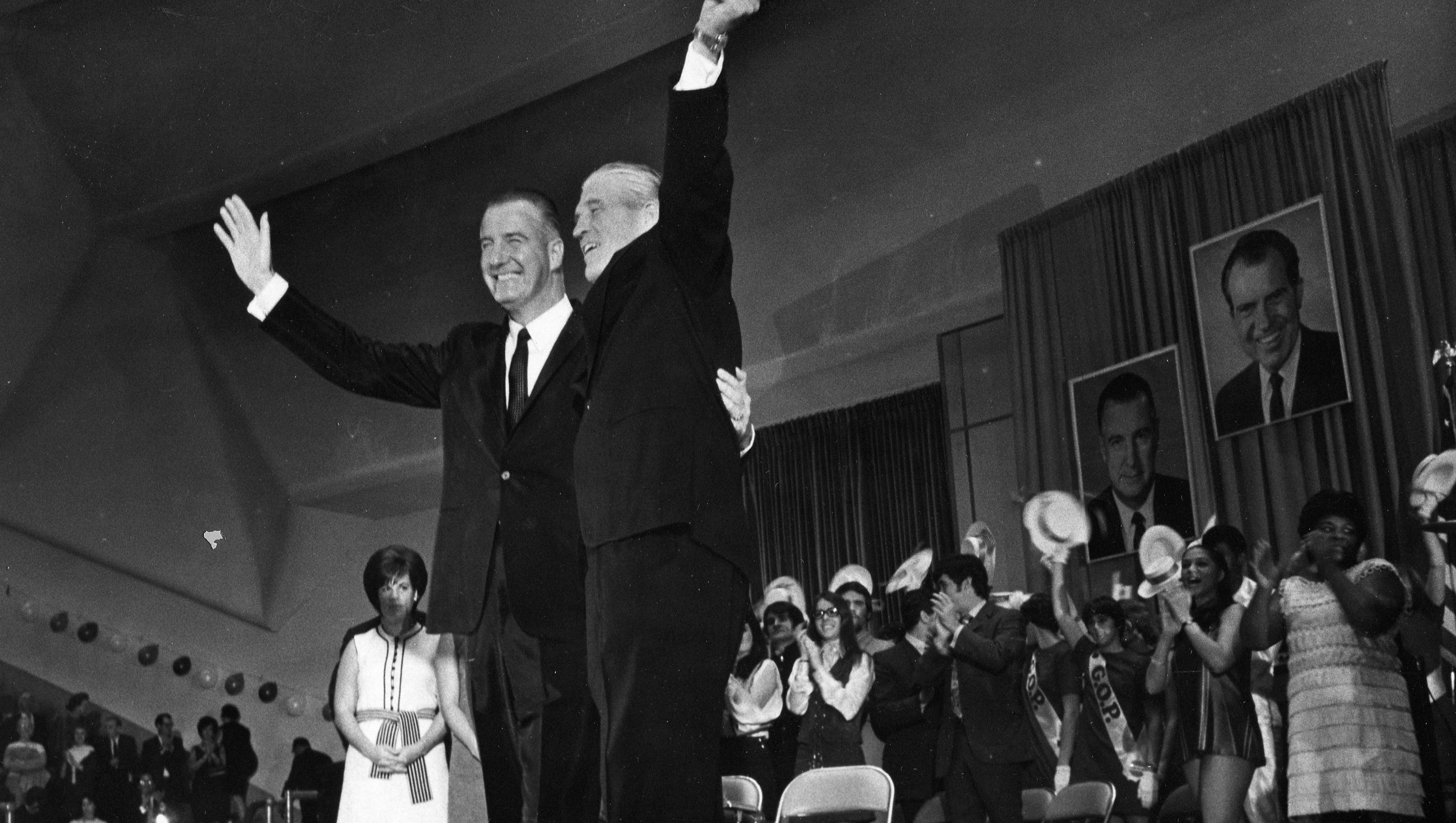 Vice President Spiro T. Agnew, left, appears with Michigan Gov. George Romney at Cobo on Oct. 18, 1968.