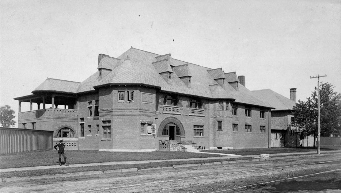The Detroit Athletic Club's original clubhouse and track-and-field grounds were on Woodward Avenue. It's seen here shortly after its founding in 1887.  It was immediately popular and by 1889 it was filling its gymnasium with exhibitions that included musical performances along with boxing matches and Greco-Roman wrestling displays.