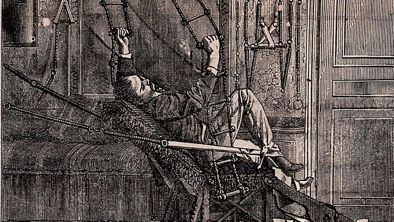 A man lies on a reclining couch holding onto rope ladders in this 19th century French woodcut engraving.