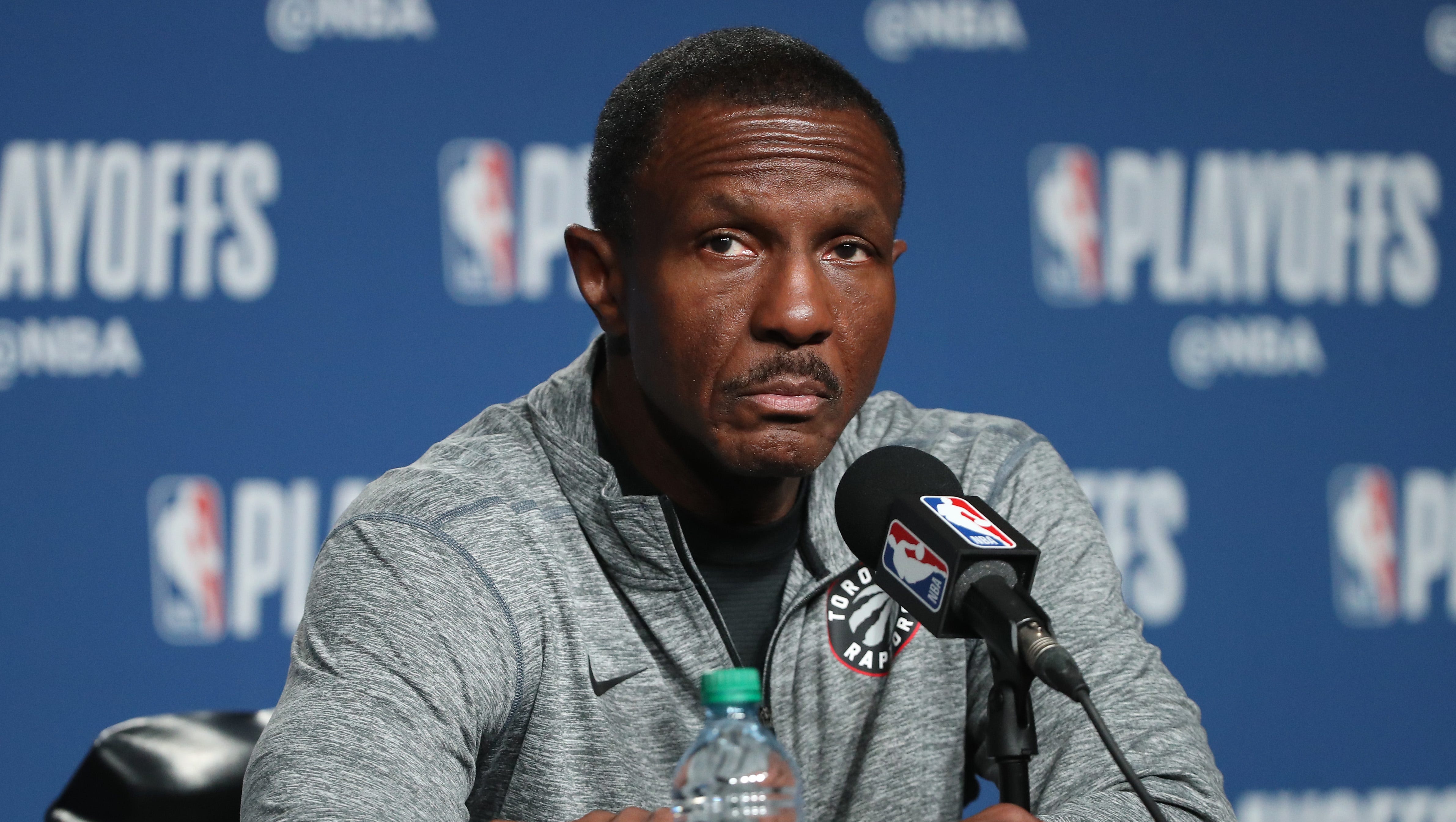 Head coach Dwane Casey of the Toronto Raptors talks to the media before the start of their game against the Washington Wizards prior to Game One of the first round of the 2018 NBA Playoffs at Air Canada Centre on April 14, 2018 in Toronto, Canada.