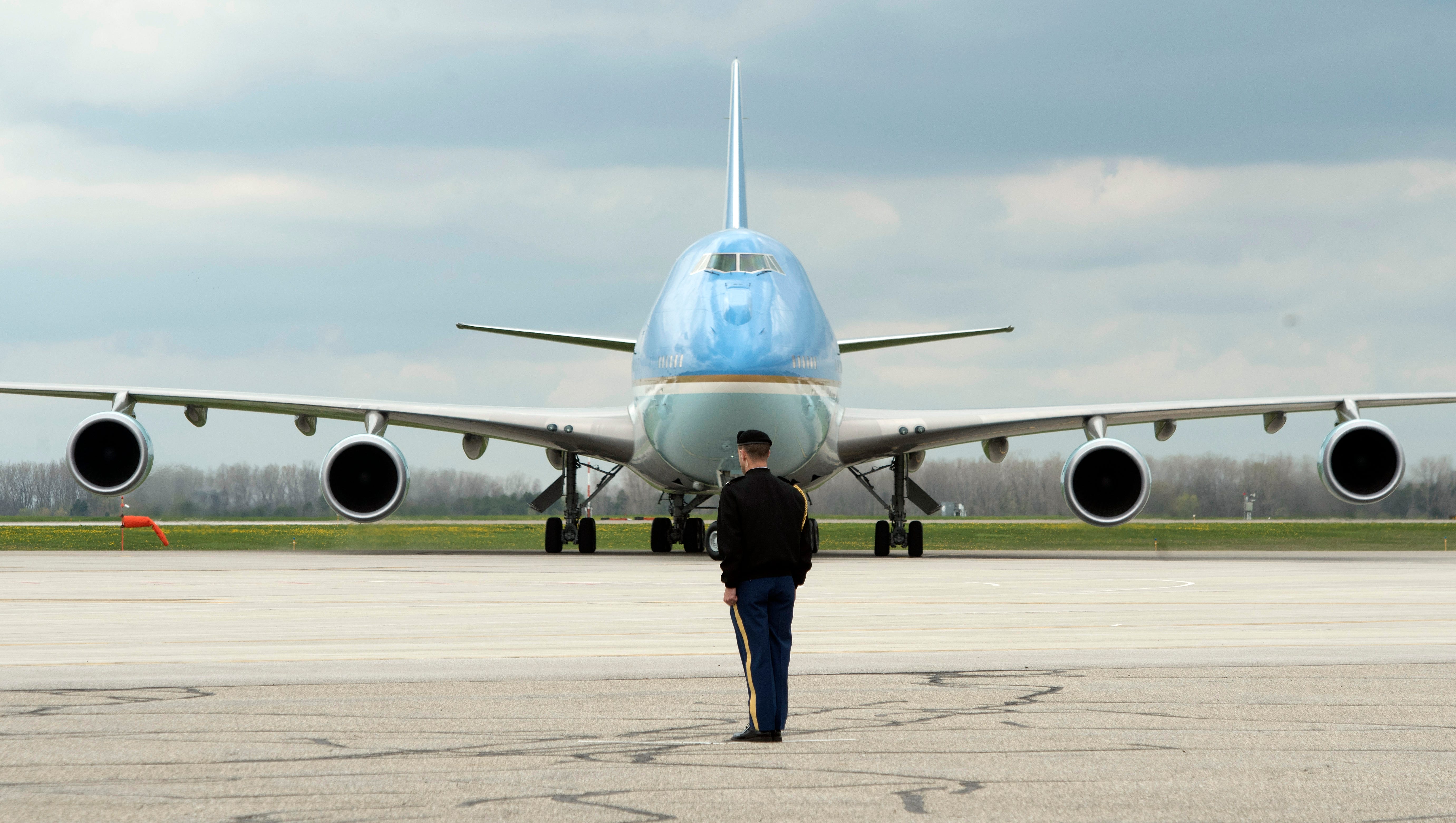 Air Force One arrives at Bishop International Airport in Flint.