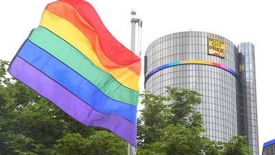 The LGBT Rainbow Pride Flag flies over Hart Plaza during the Motor City pride festival as well as being celebrated on the General Motors World Headquarters building down the street.