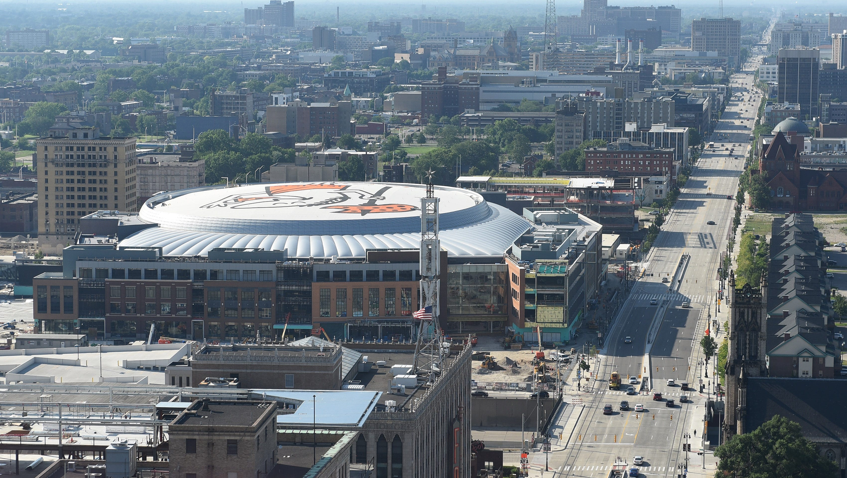 Little Caesars Arena nears completion on July 17, 2017.