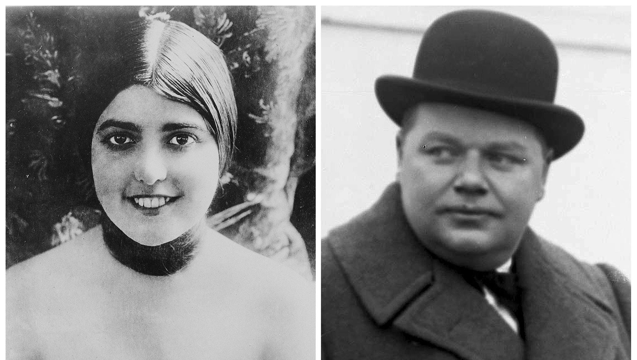 This combination photo shows actress Virginia Rappe in 1921, left, and comedian Roscoe "Fatty" Arbuckle. In the first scandal to shake Hollywood, Arbuckle attended a wild party in San Francisco in 1921 ended in the death of starlet Rappe. Rappe, writhing in pain from a ruptured bladder, accused Arbuckle of raping her.