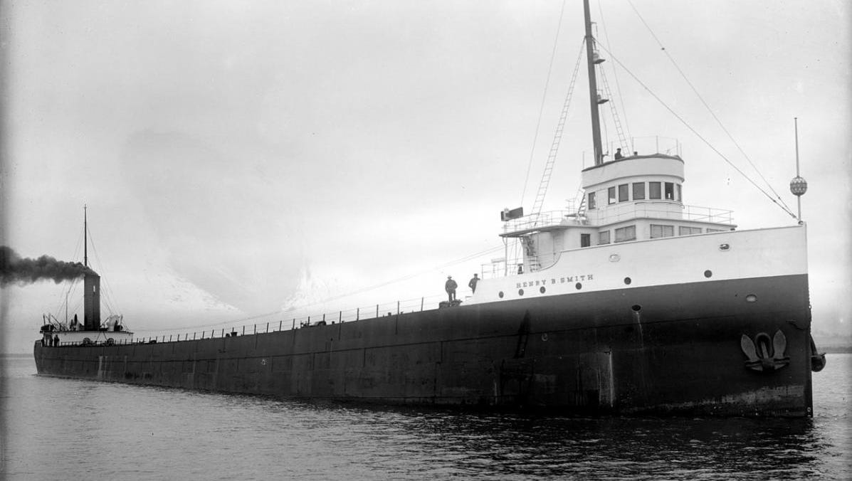 The SS Henry B. Smith, a steel-hulled, 525-foot lake freighter built in 1906, was carrying a load of iron ore when it foundered and was lost in Lake Superior near Marquette.  All 25 crew members died. The shipwreck was finally located in 2013.