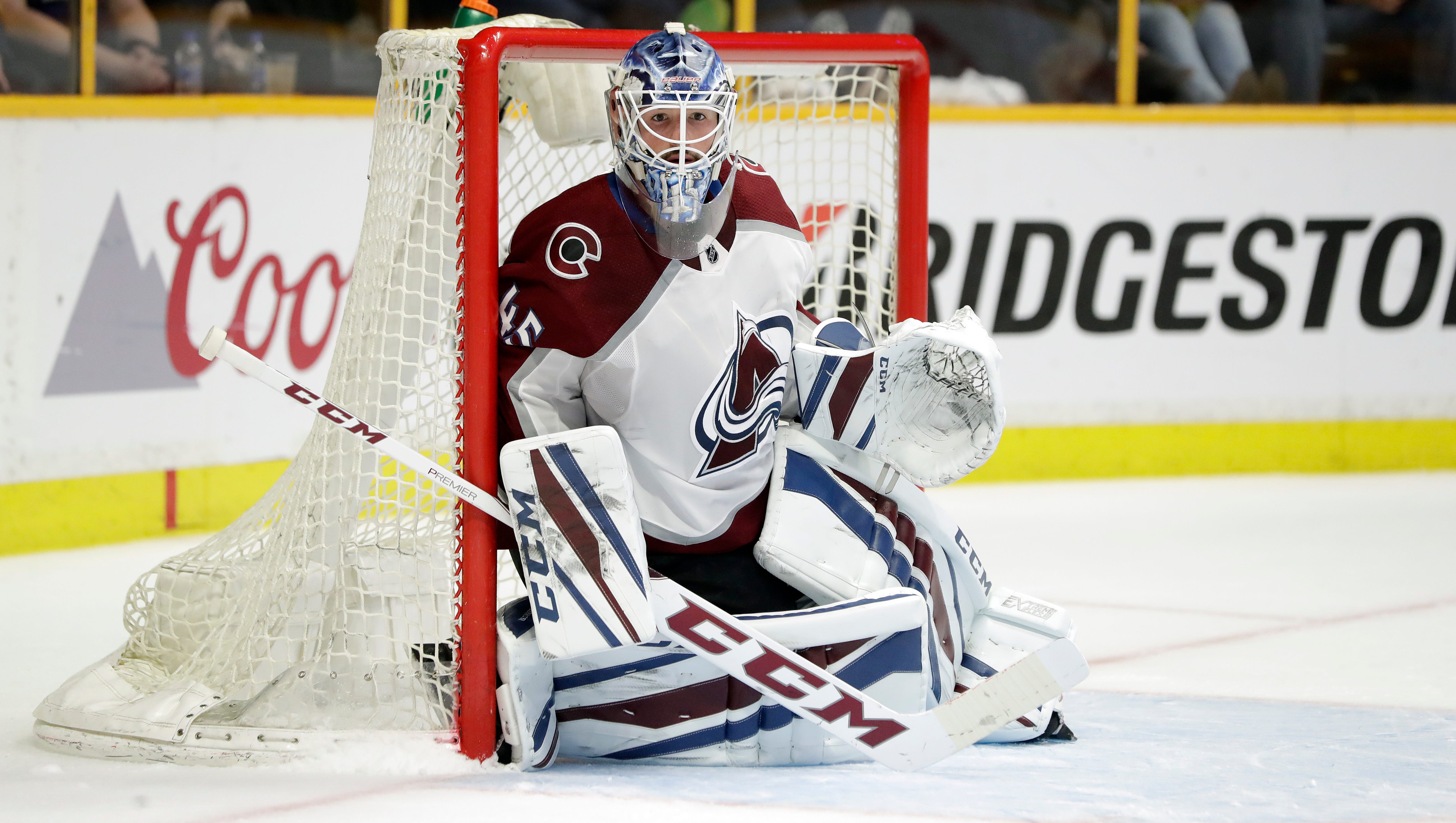 Colorado Avalanche goaltender Jonathan Bernier plays against the Nashville Predators during the second period in Game 2 of a first-round playoff series Saturday, April 14, 2018, in Nashville, Tenn.