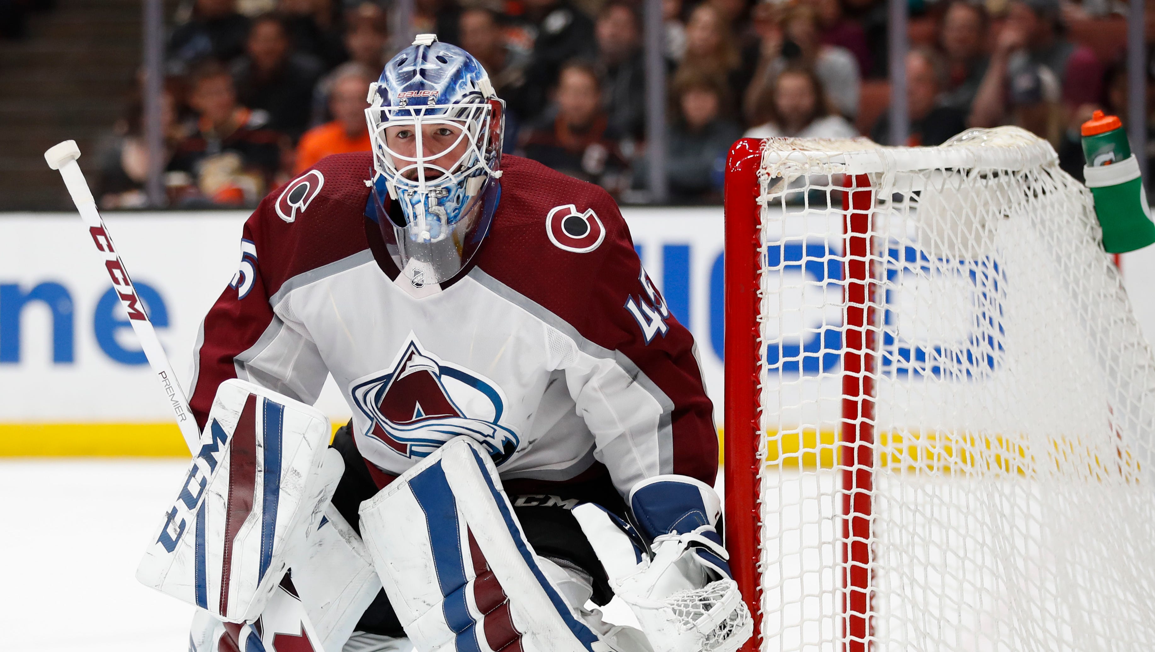 Colorado Avalanche goaltender Jonathan Bernier guards his net during the second period of a hockey game against the Anaheim Ducks Sunday, April 1, 2018, in Anaheim, Calif.