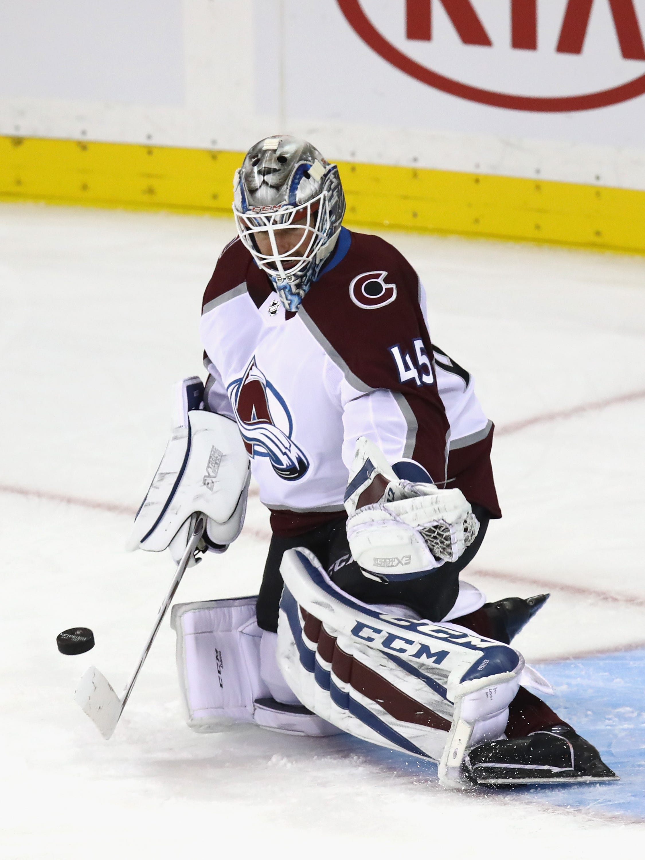 Jonathan Bernier of the Colorado Avalanche tends net in warm-ups prior to the game against the New York Rangers at Madison Square Garden on October 5, 2017 in New York.