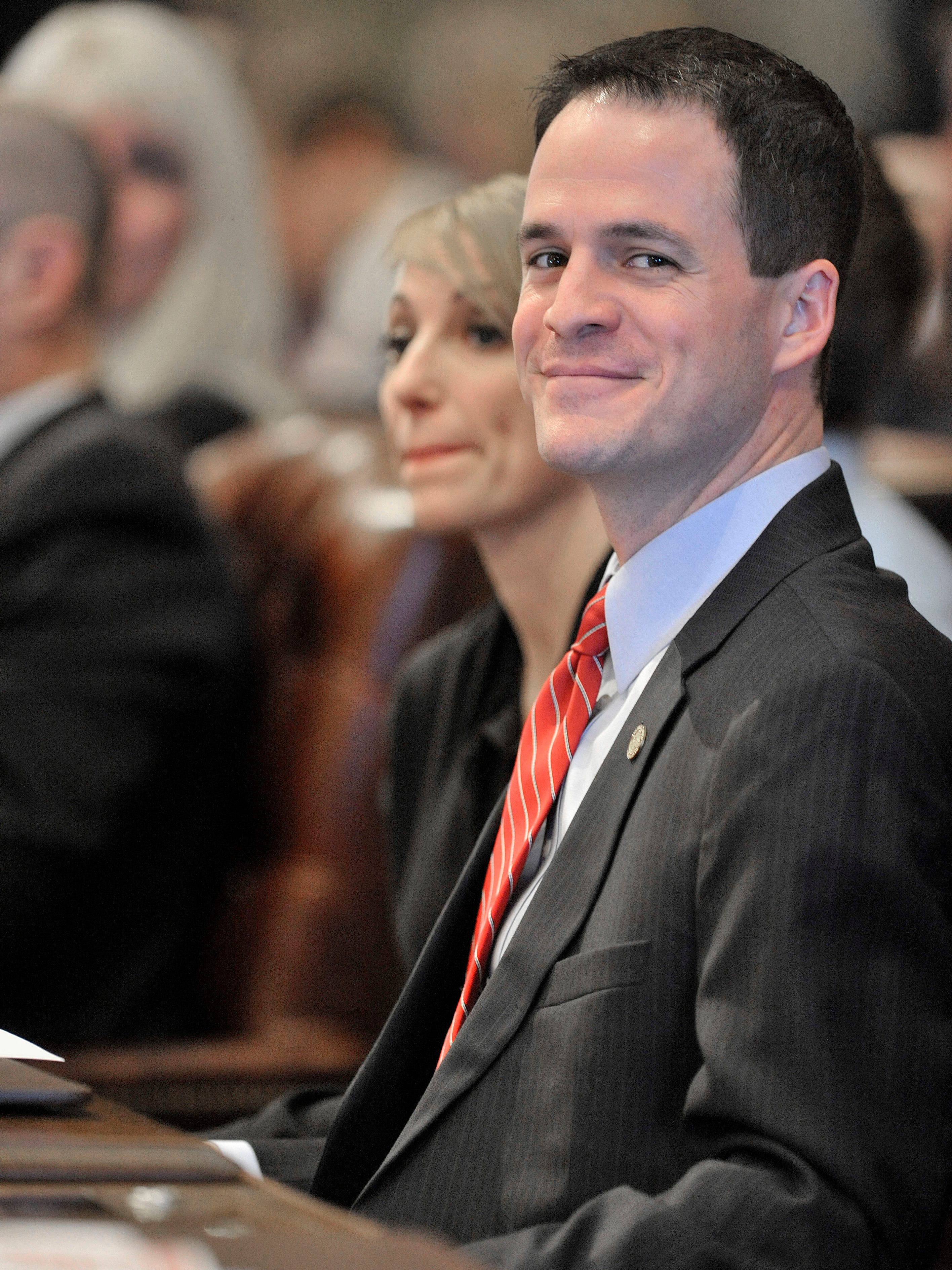 The new Speaker of the House, Kevin Cotter, R-Mount Pleasant, was all smiles while seated next to his wife, Jennifer.