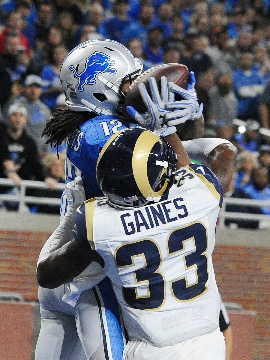 A closer looks shows why Rams E.J. Gaines picked up a penalty on the play, which wide receiver Andre Roberts and Detroit turned down for the score.