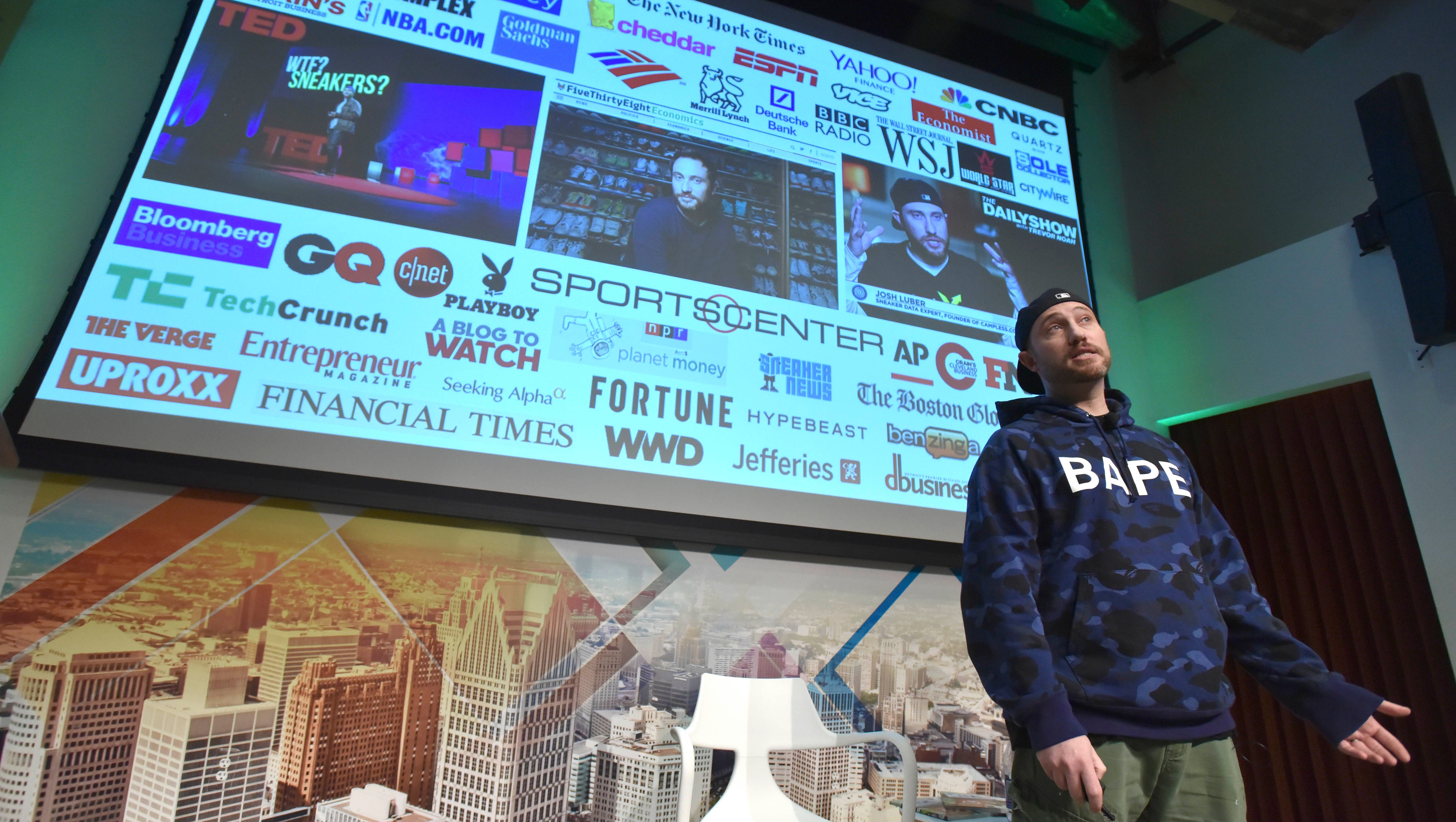 StockX CEO and co-founder Josh Luber talks to an auditorium full of sneaker fans during the StockX Day2 event in the Madison building in Detroit. StockX is a secondary market for the resale of sneakers, street wear, hand bags and watches.