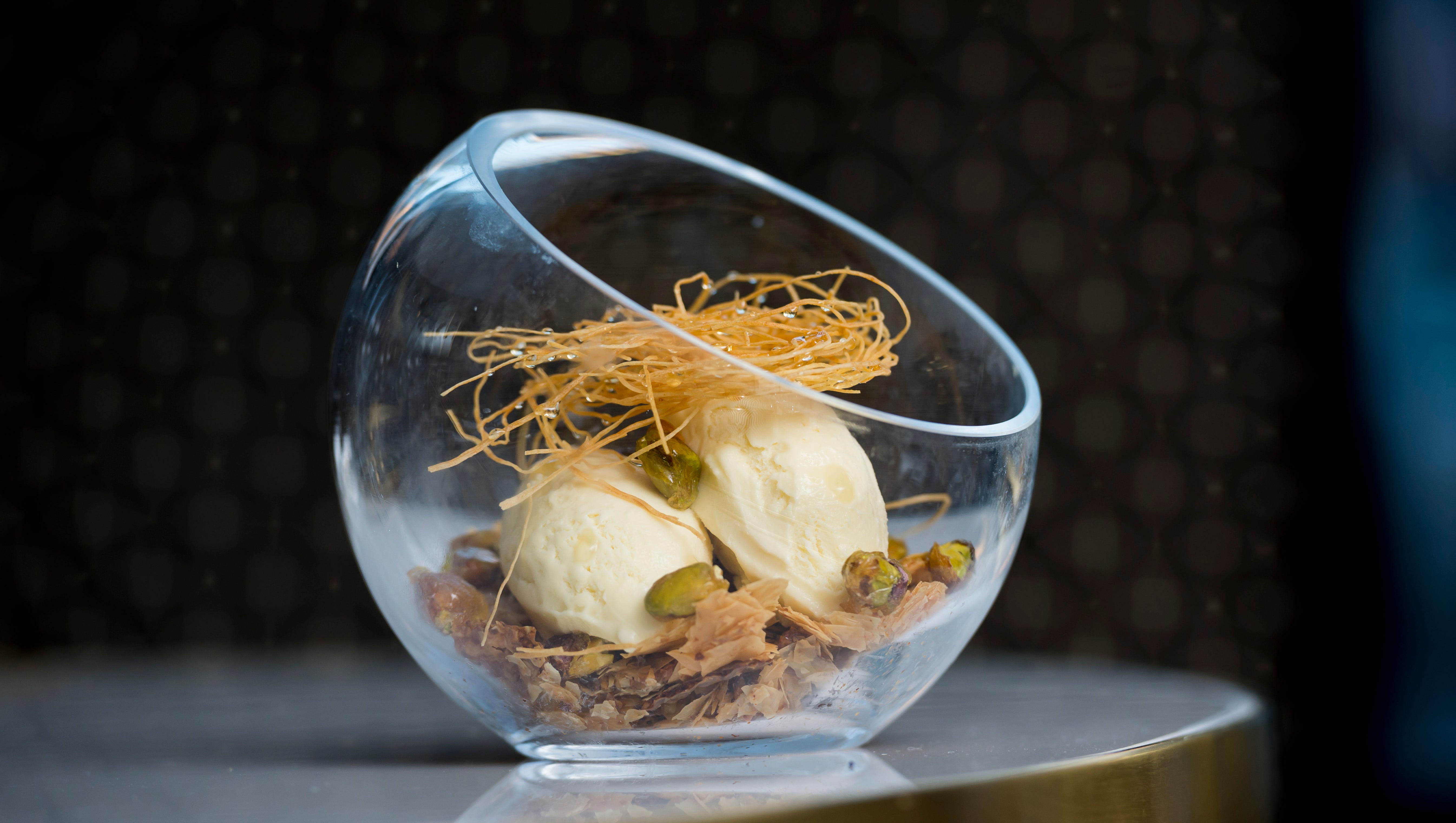 The baklava sundae with Michigan honey ice cream, candied pistachios, and shredded phyllo at Prime + Proper restaurant in Detroit.