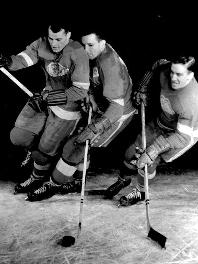 The famed Red Wings Production Line -- Gordie Howe, Sid Abel  and Ted Lindsay -- were formidable opponents in 1953.