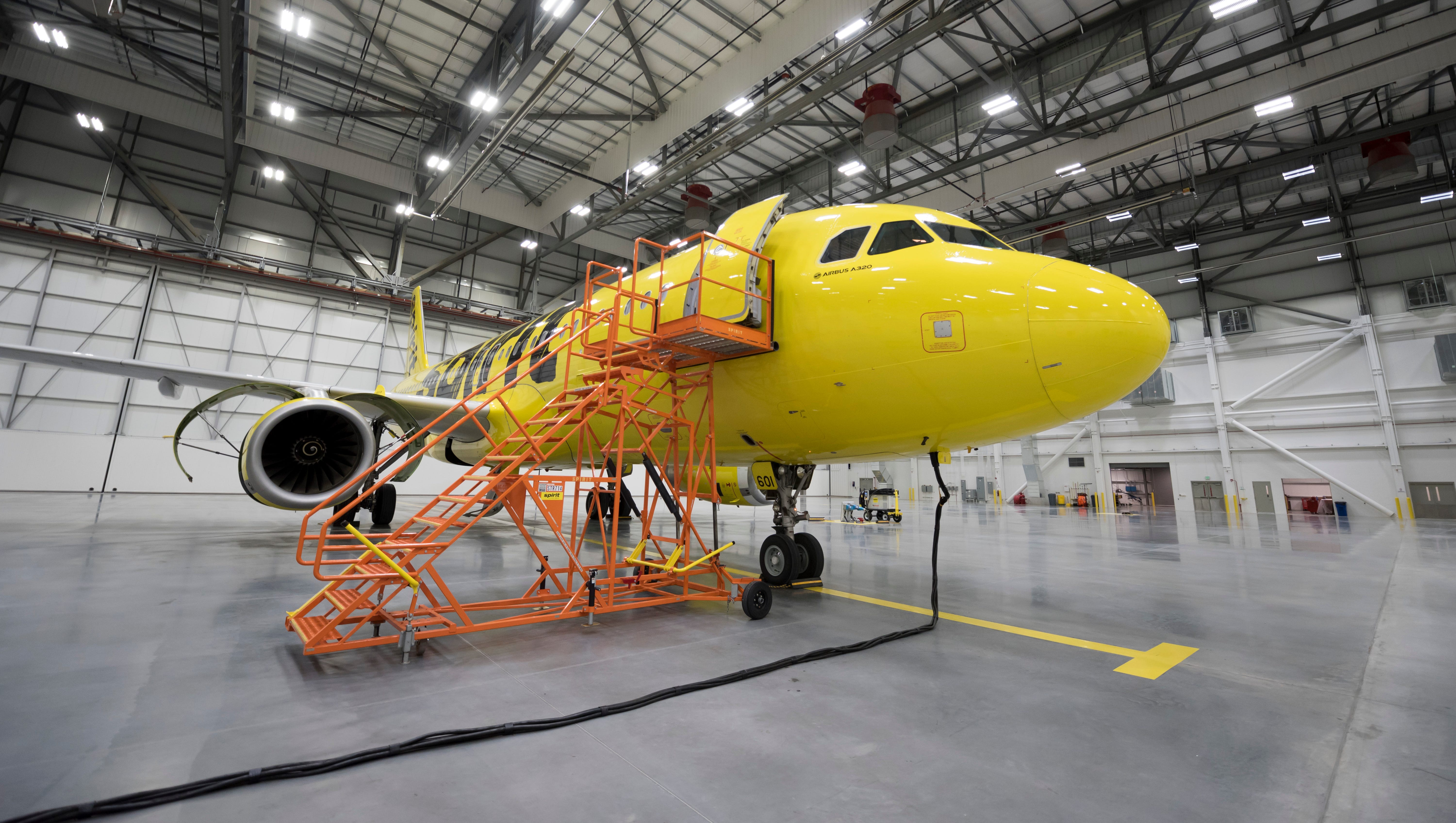 An A320 "operational spare" airplane sits in the main hangar bay for the new maintenance hangar for Spirit Airlines next to Detroit Metropolitan Airport in Romulus, May 8, 2017.