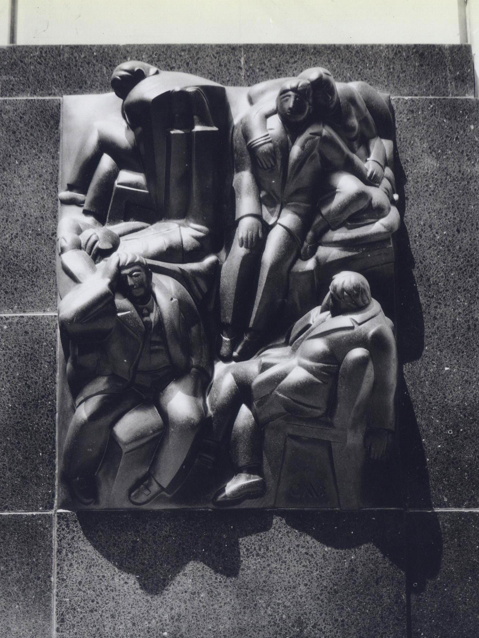 The other plaque depicts radio listeners in varying states of wakefulness and interest - one even lying on his back with feet in air.  Albert Kahn characterized Carl Milles as "perhaps the world's greatest living sculptor."