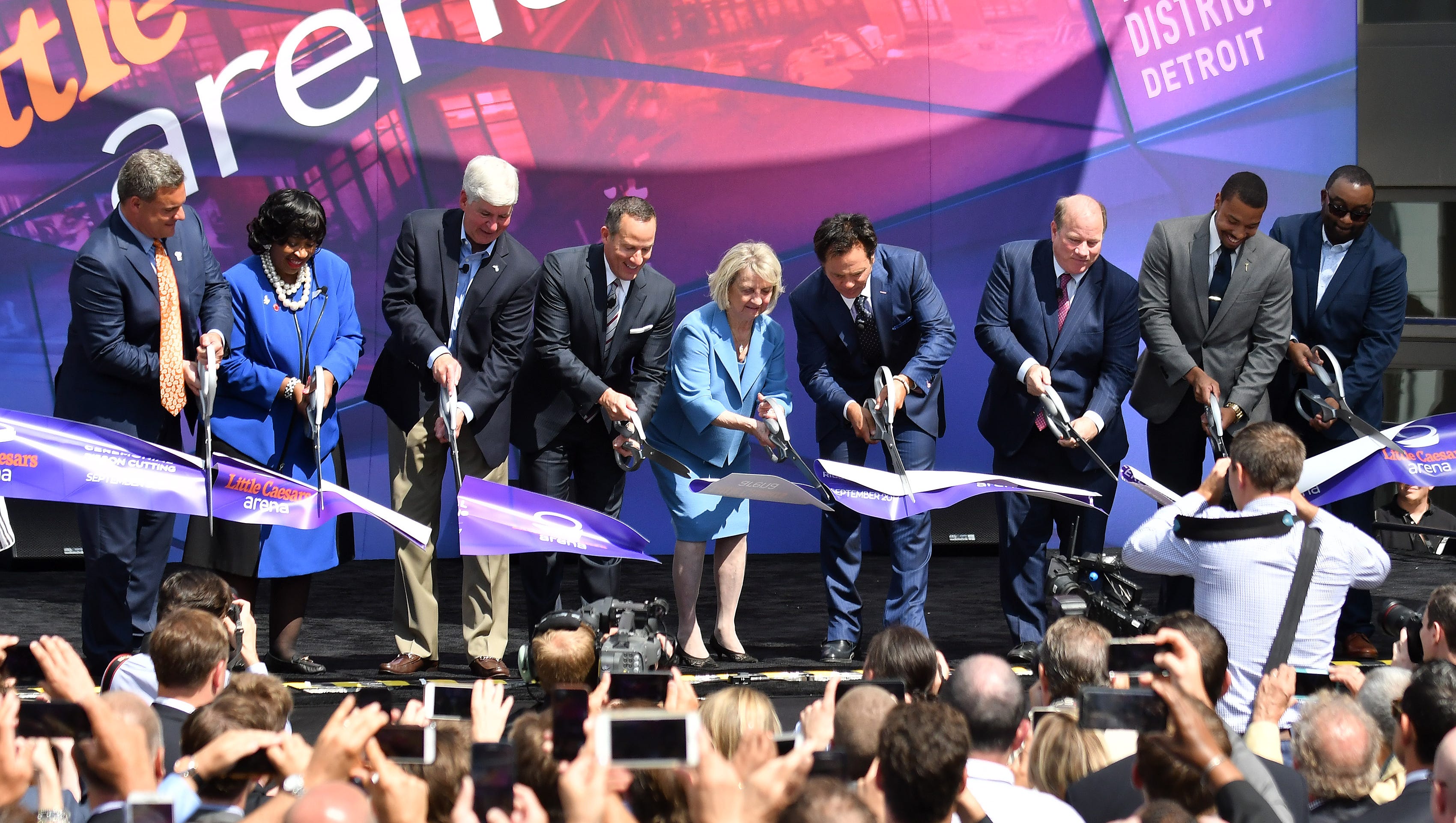 Business and political leaders cut the ribbon on the new Little Caesars Arena on Sept. 5, 2017.