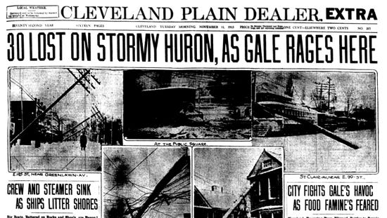 The front page of the Cleveland Plain Dealer on Nov. 11, 1913. Cleveland was especially hard hit by the storm, blanketed by a still-record 22.2 inches of snow and gale-force winds.