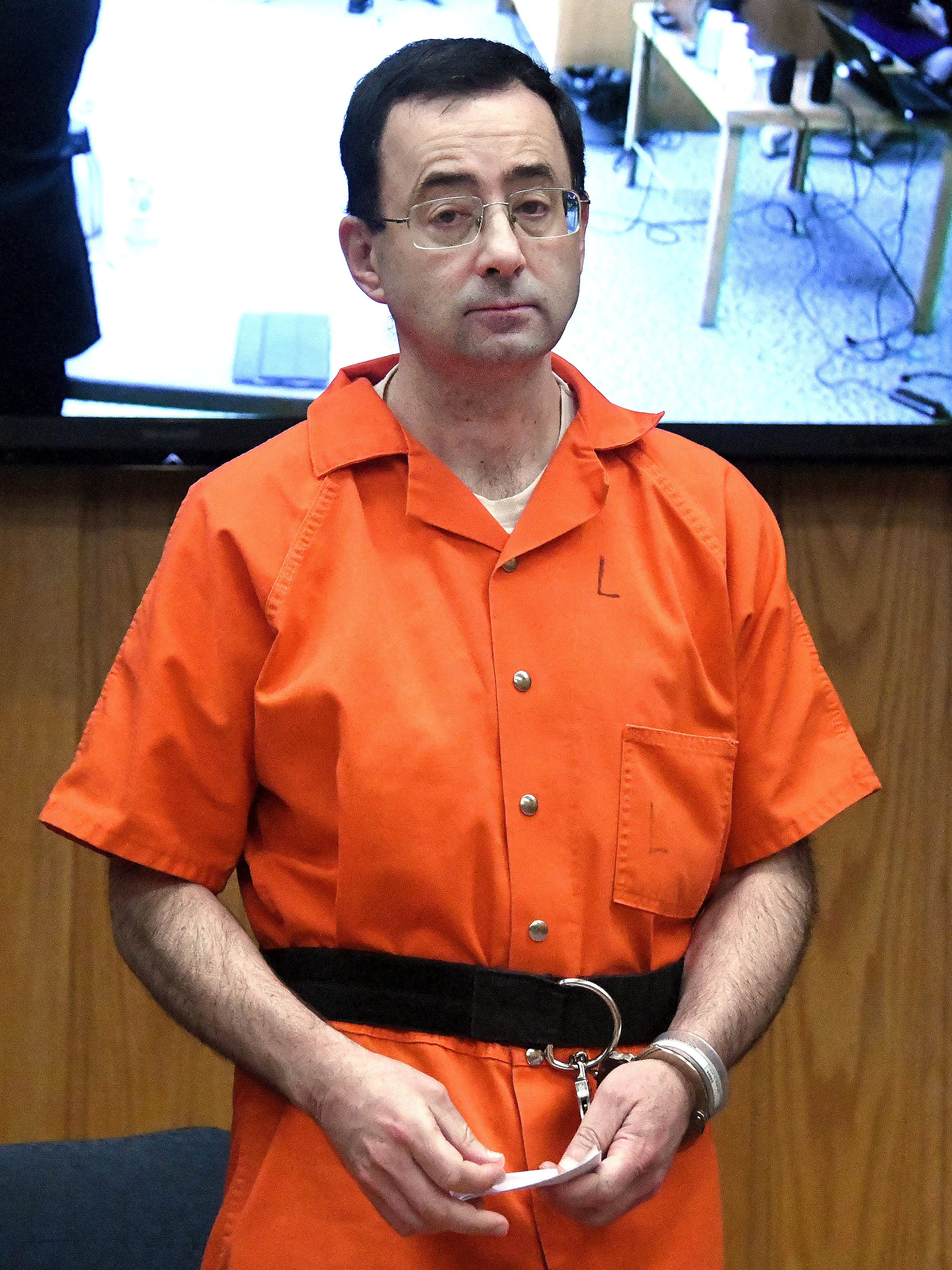 Larry Nassar appears at his sentencing in the court of Judge Janice Cunningham and receives a sentence of 40-125 years in prison on Feb. 5, 2018 in Charlotte, Michigan.