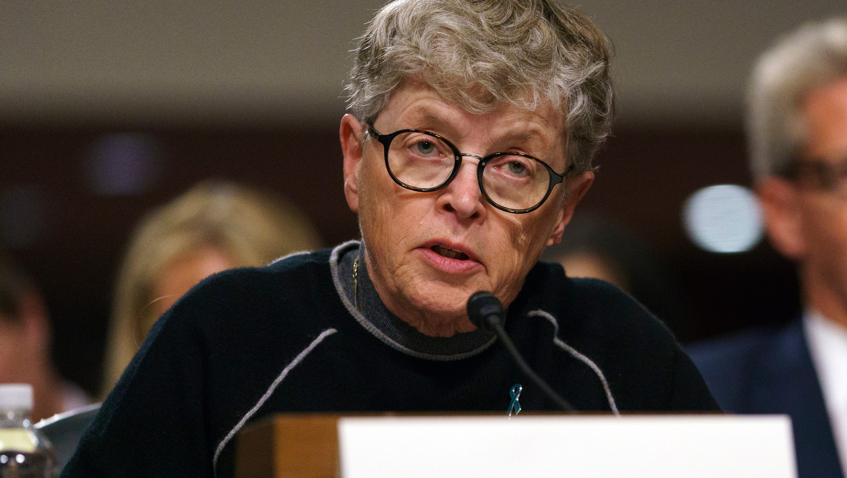 Former Michigan State University president Lou Anna Simon testifies during a Senate Subcommittee on Consumer Protection, Product Safety, Insurance, and Data Security, on Capitol Hill in Washington on Tuesday.
