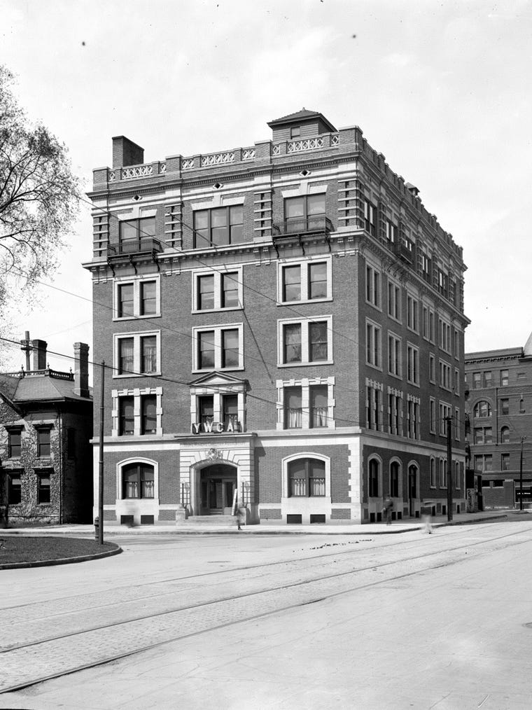 The YWCA opened a chapter in Detroit in 1892. At its founding the women who led the YWCA estimated there were 10,000 single young women working as housekeepers, store clerks and in factories in Detroit. In 1902 the YWCA moved to this building at Griswold and Fort and by 1908 would boast 3,000 members.