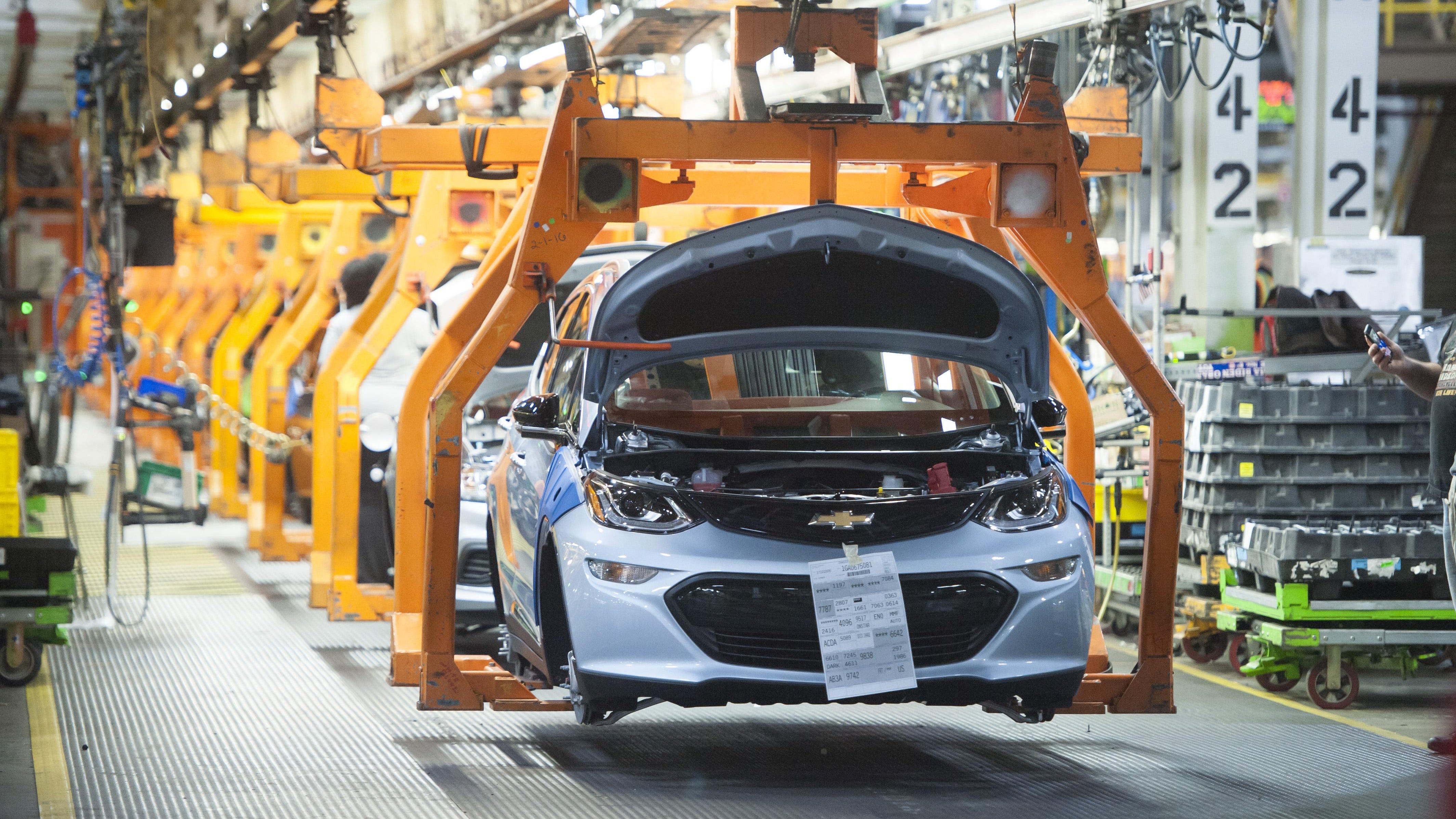 A 2017 Chevrolet Bolt EV makes its way down the assembly line during production of the vehicle at the General Motors assembly plant in Lake Orion in this Dec. 6, 2016 file photo.