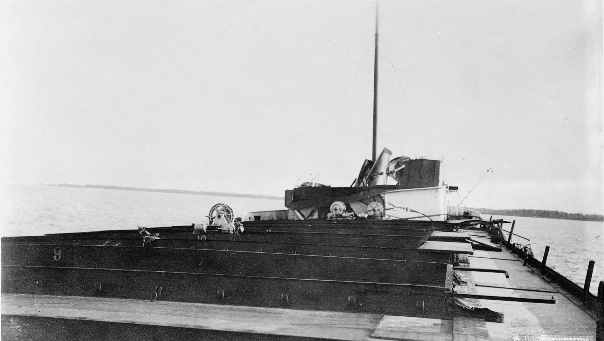 The Howard M. Hannah Jr., a 500-foot freighter, was carrying a load of coal when it passed Port Huron and entered Lake Huron.  The storm smashed its windows, cracked the hull, toppled its smokestack and drove it onto on the rocks near Port Austin.  All 25 crew members survived.  Above, the ship's rear cabin and smashed smokestack are seen after the storm.