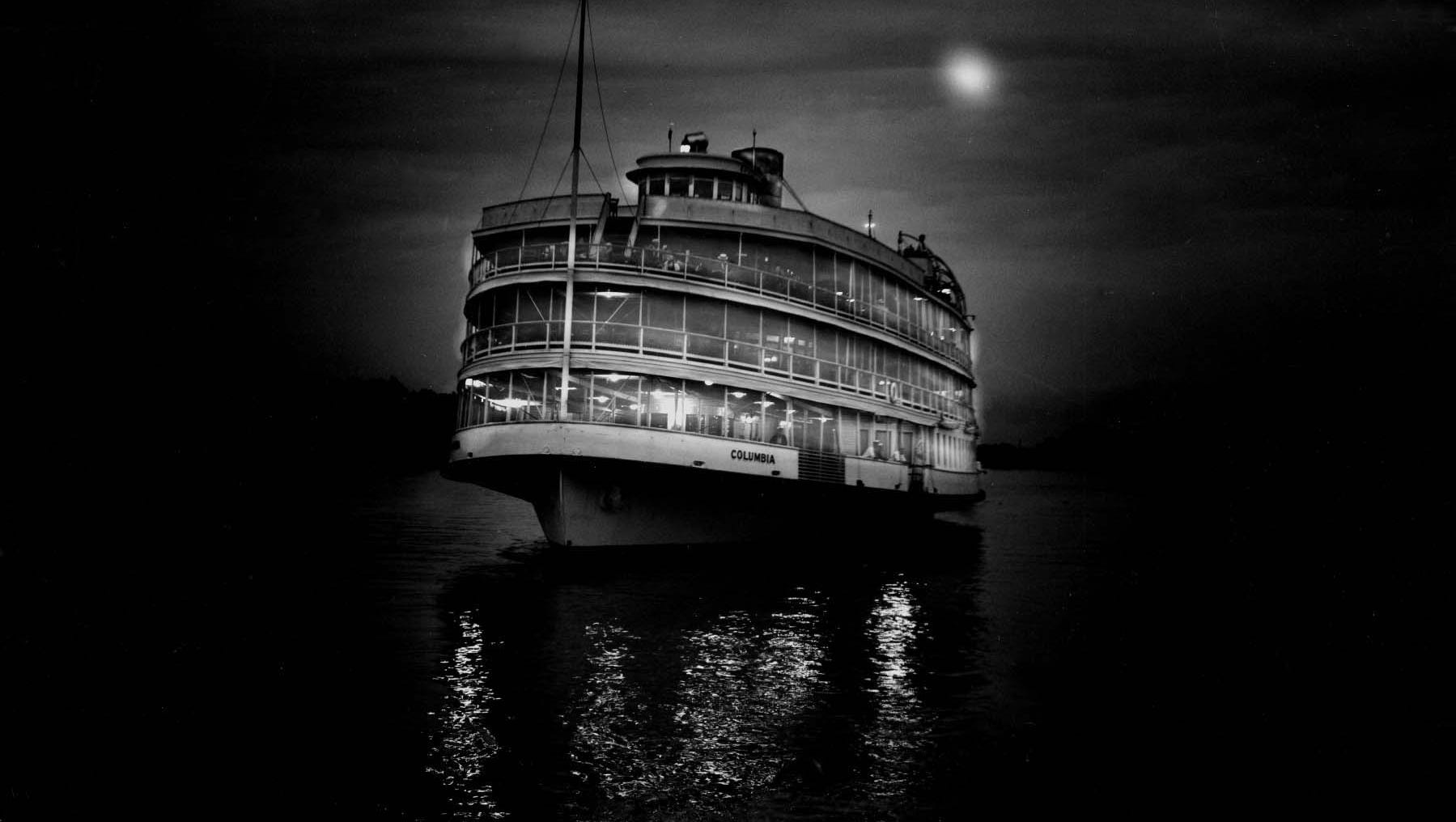 The Columbia sails on a moonlit night on Aug. 15, 1940. A great part of the romance of the island lay in getting there. The trip took just over an hour, and there were moonlight cruises as well as daytime ferries.