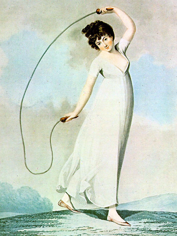 An 1800 print shows a young woman in a flimsy gown with a jump rope. Intended as pinup art, it was not an accurate depiction of women's exercise in that era, when most people thought ladies should get their exercise by walking, dancing or riding, not exerting themselves in a gymnasium.