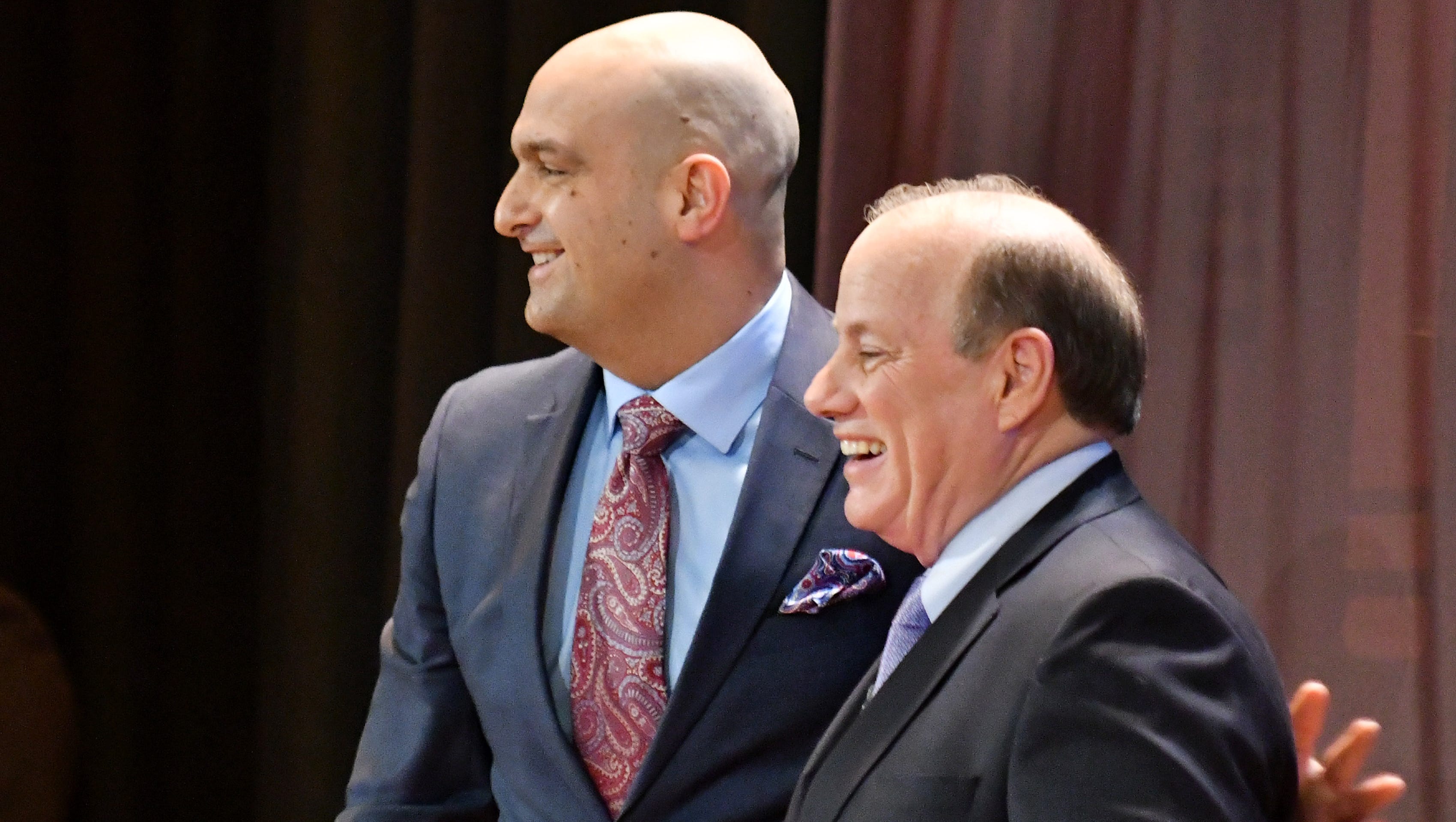 Detroit Public Schools Community District superintendent Dr. Nikolai Vitti, left, and Mayor Mike Duggan appeared together earlier this year after the mayor announced the bus loop during his annual speech.