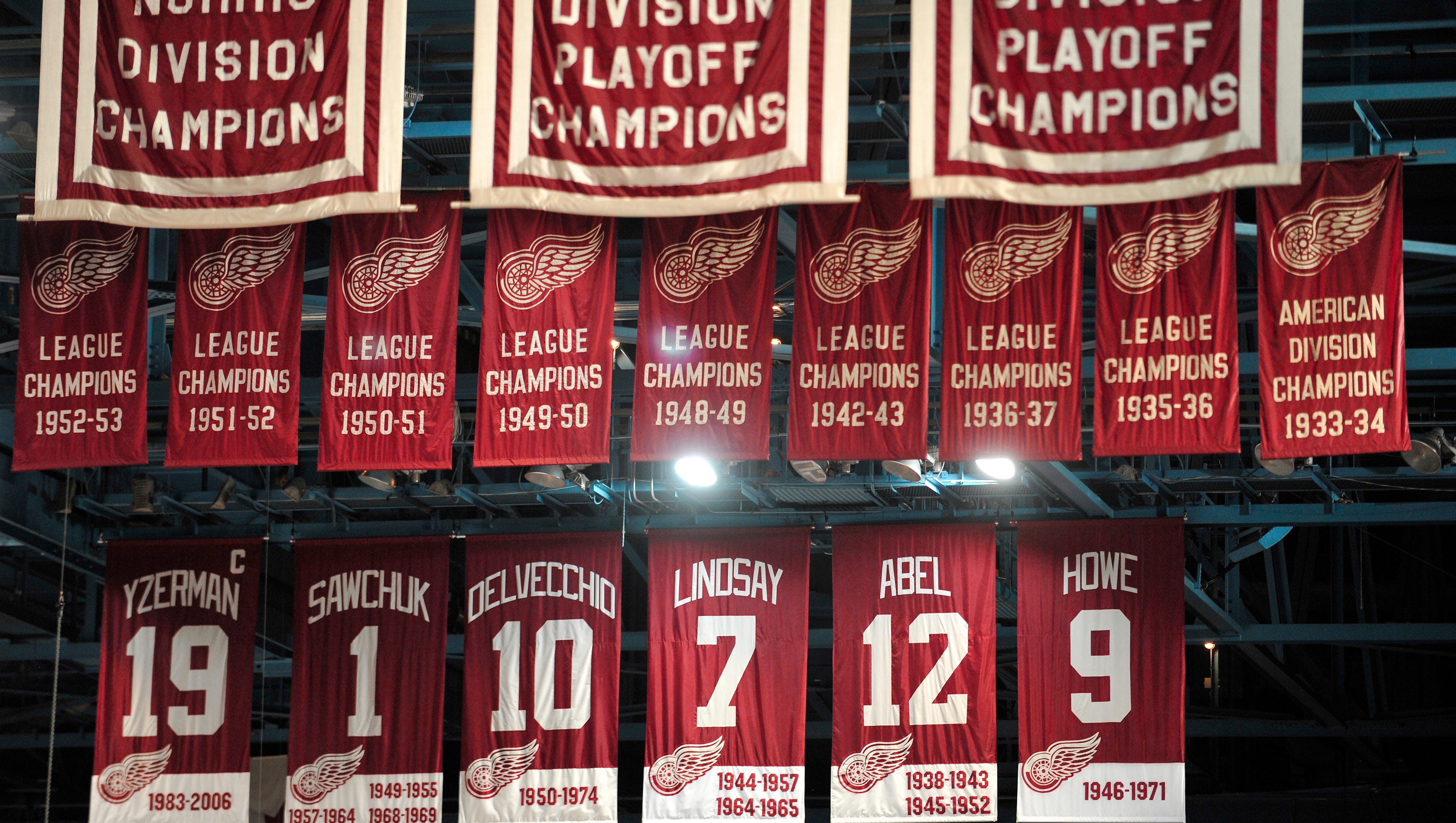 The evidence of Red Wings franchise success hangs from the rafters along with the retired numbers of Red Wings greats Steve Yzerman, Terry Sawchuck, Alex Delvecchio, Ted Lindsay, Sid Abel and Gordie Howe  on  May 2, 2013.