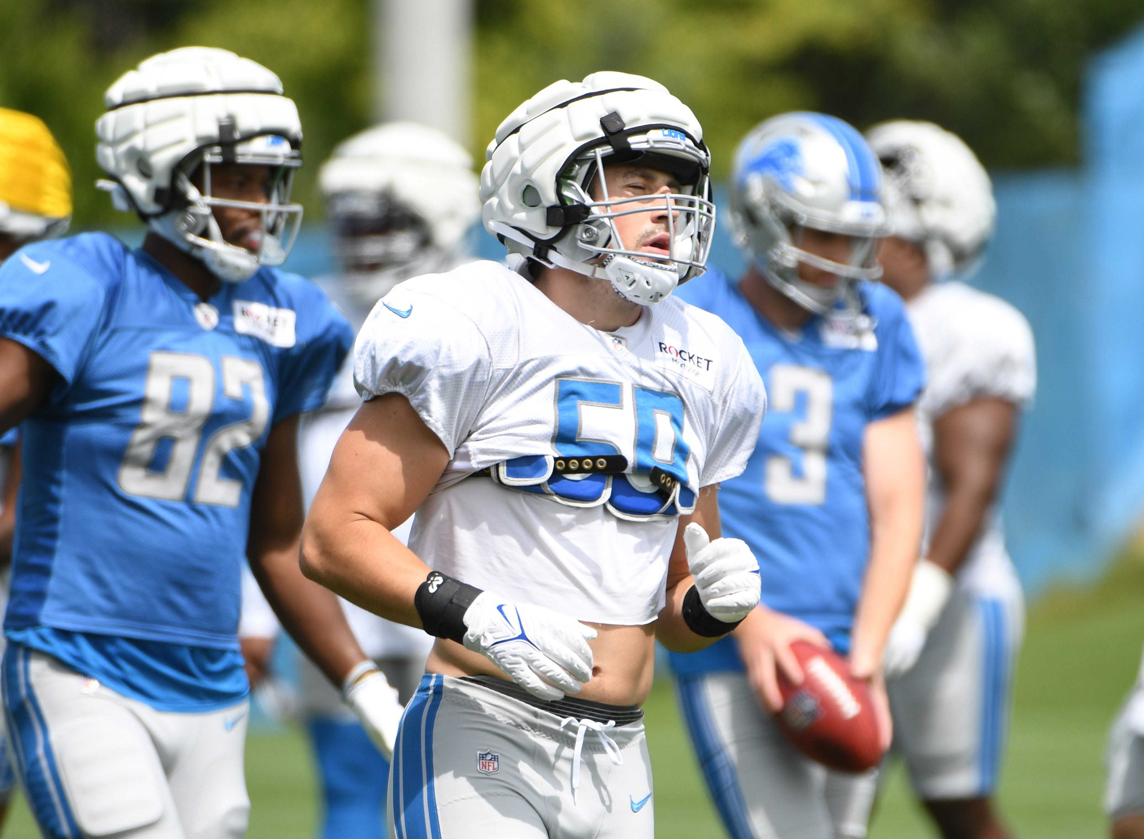 Lions rookie linebacker Trevor Nowaske, a Salem and Saginaw Valley State product, practices during training camp.