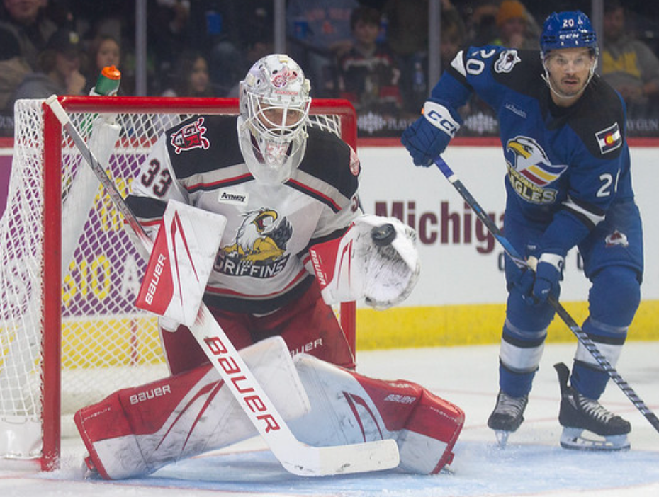 Red Wings prospect Sebastian Cossa made 25 saves for Grand Rapids in a record-tying seventh straight road victory on Friday in American Hockey League action in Rockford, Illinois.