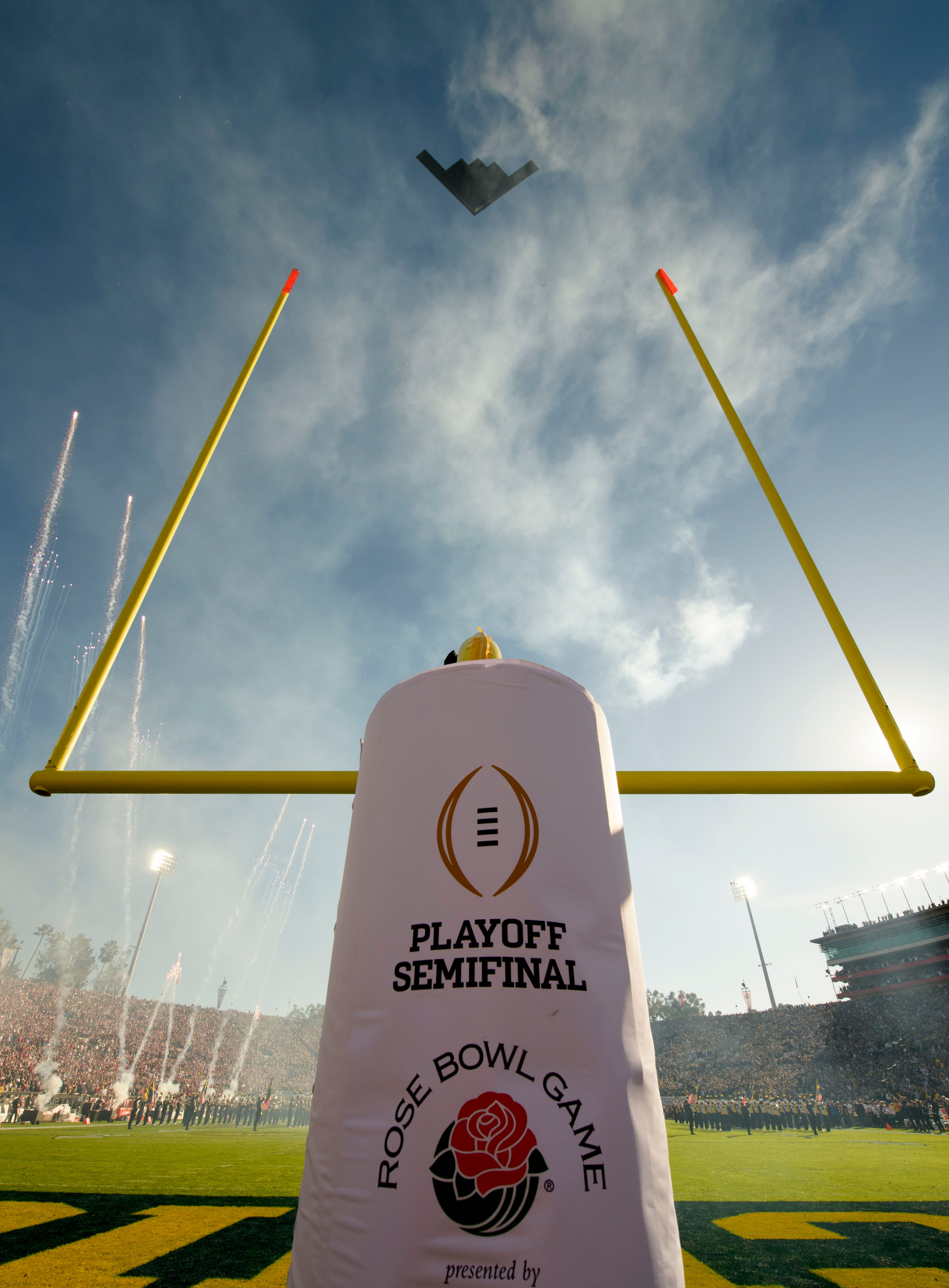 A B-2 stealth bomber does a flyover before the start of the Rose Bowl, in Pasadena, California, January 1, 2024.