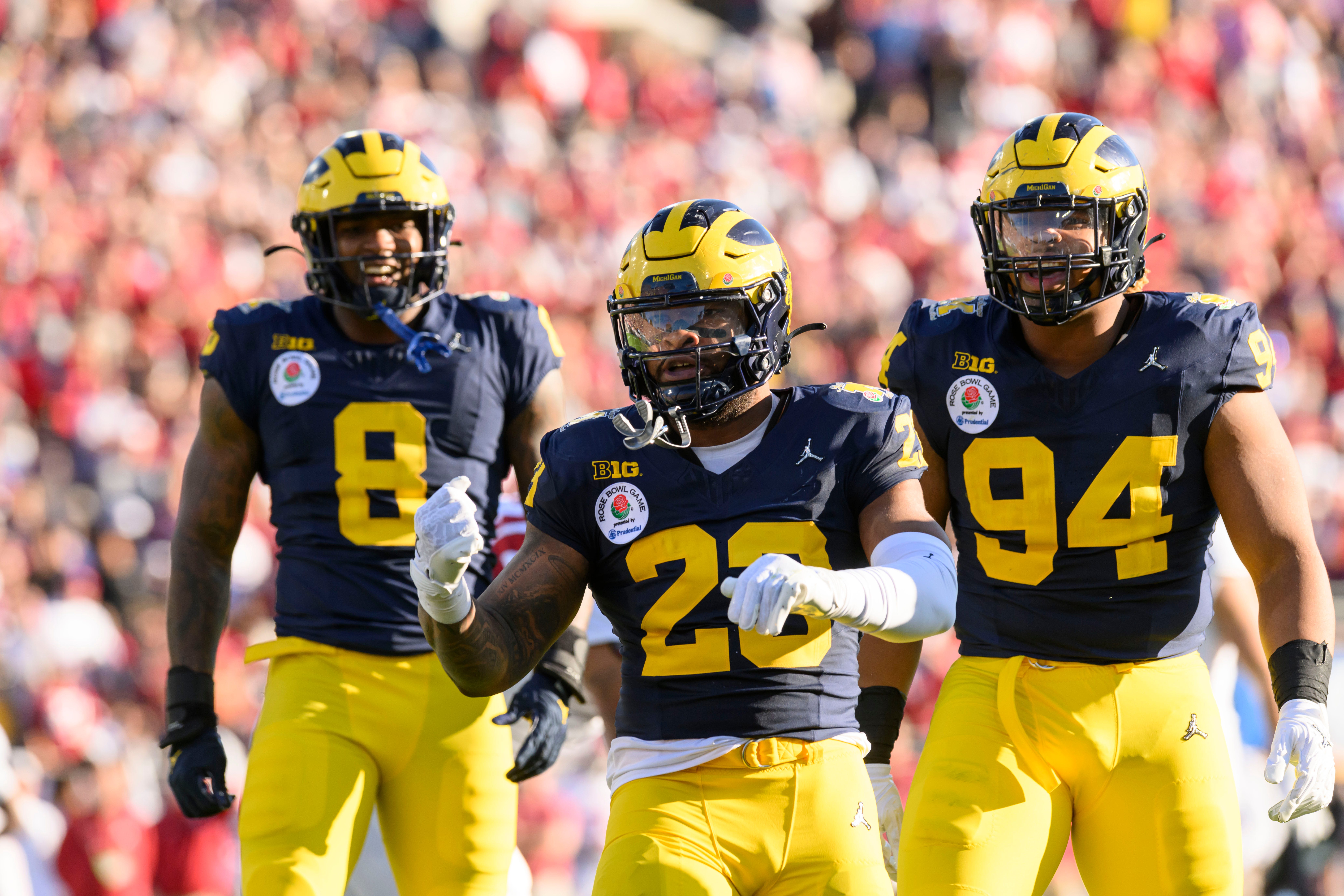 Michigan linebacker Michael Barrett celebrates after a sack during the second quarter of the Rose Bowl, in Pasadena, California, January 1, 2024.