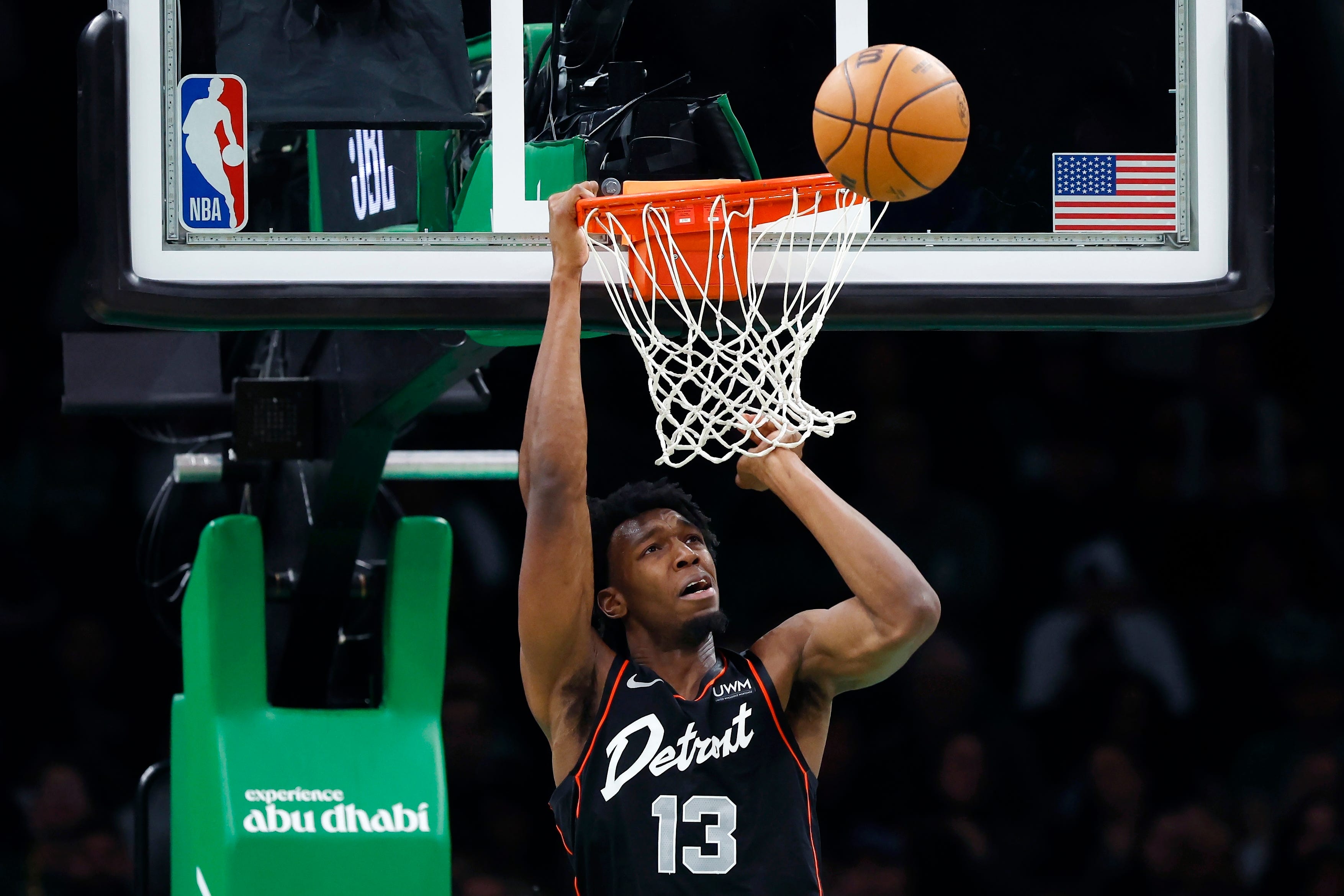 Detroit Pistons' James Wiseman misses a dunk during the second half.