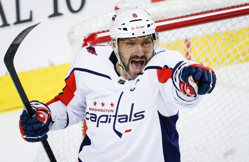 \Capitals forward Alex Ovechkin celebrates his goal during the second period against the Flames on Monday in Calgary, Alberta.