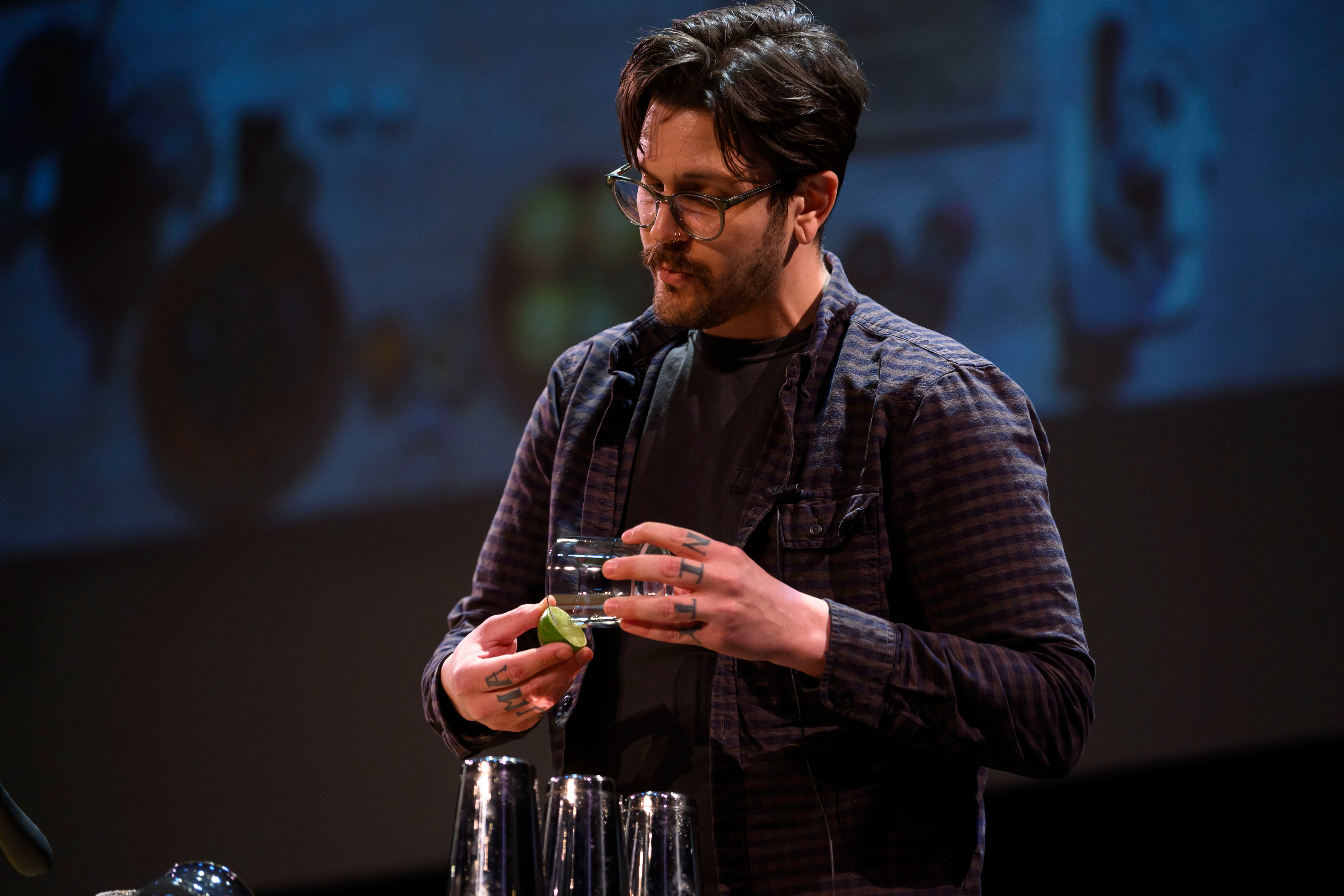 Kyle Marks, of Metropolitan Bar and Kitchen, demonstrates how to make poblano margaritas during the event series Dish and Design, at the Berman Center for Performing Arts, in West Bloomfield, March 20, 2024.