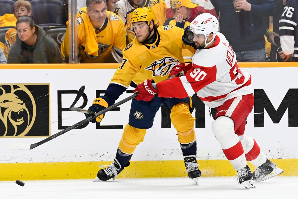 Predators center Mark Jankowski (17) and Red Wings center Joe Veleno (90) compete for the puck during the second period.
