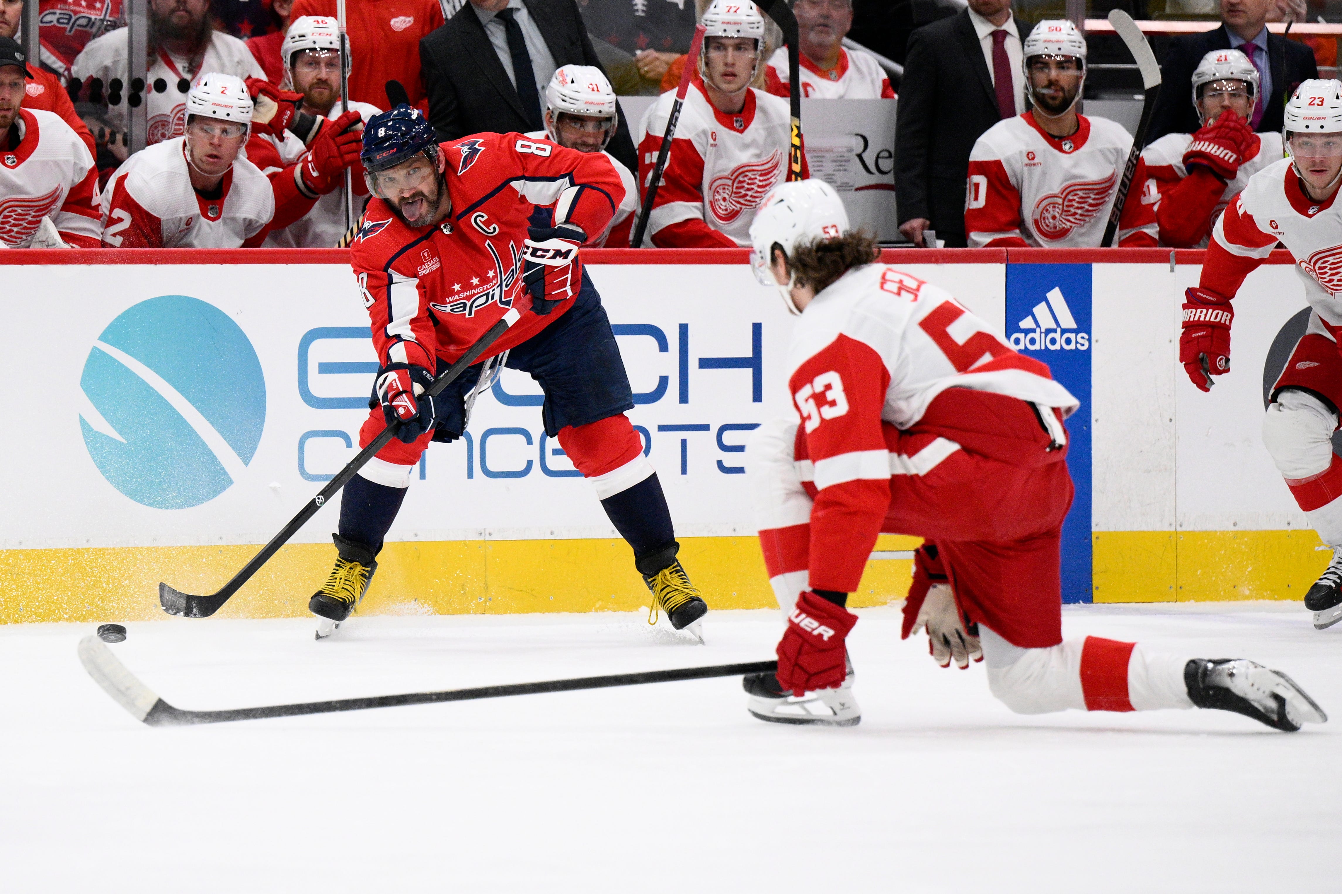 Washington Capitals left wing Alex Ovechkin (8) passes the puck against Detroit Red Wings defenseman Moritz Seider (53) during the first period.