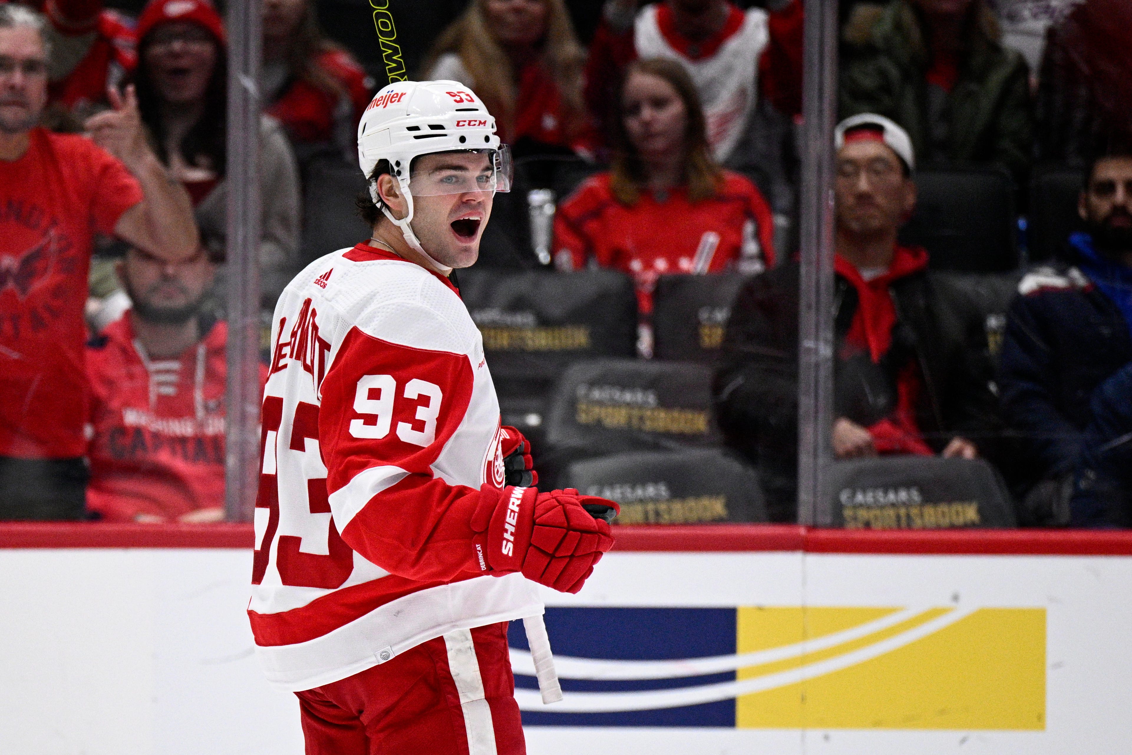 Detroit Red Wings right wing Alex DeBrincat (93) celebrates his goal during the second period.