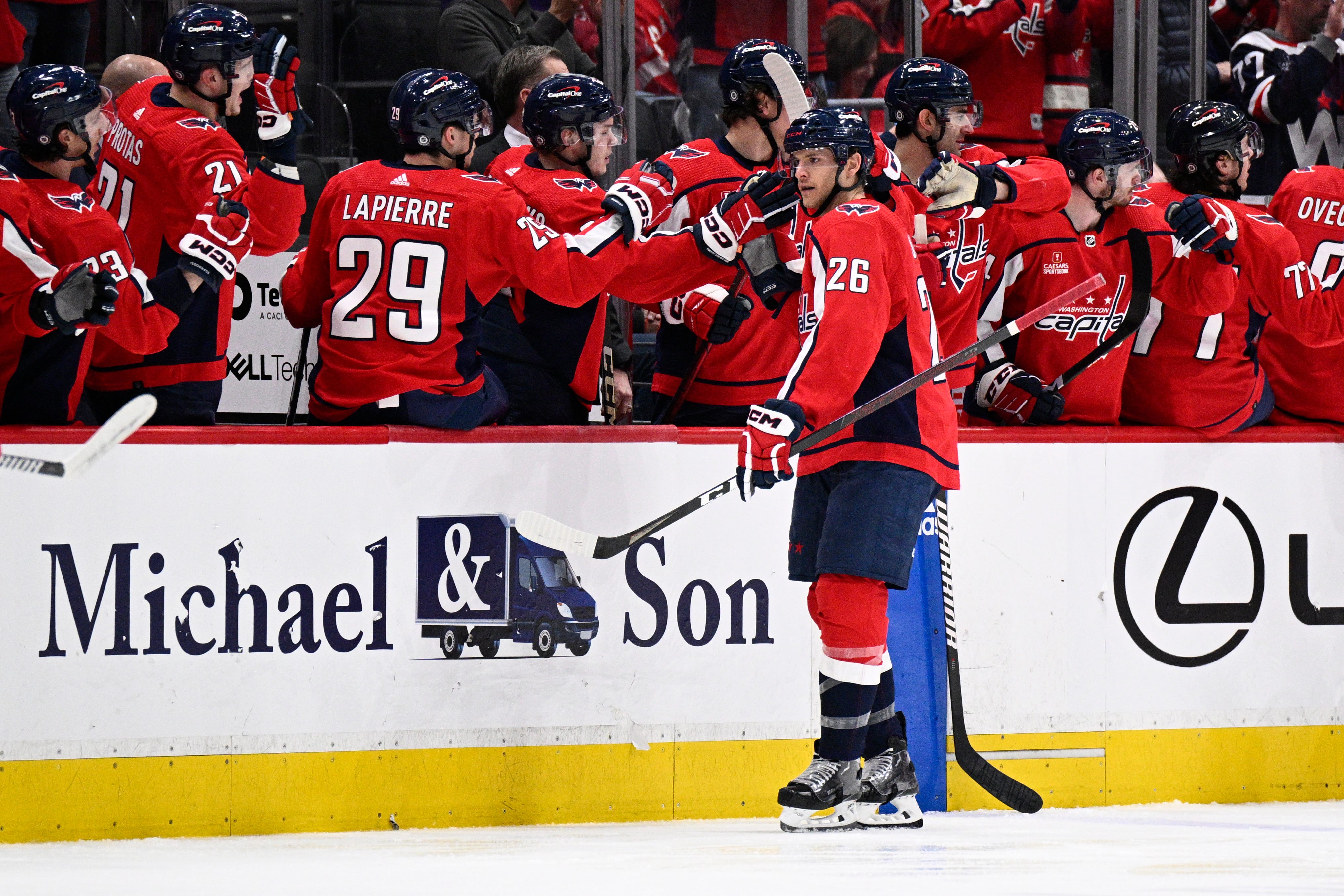 Washington Capitals right wing Nic Dowd (26) celebrates his goal during the second period.