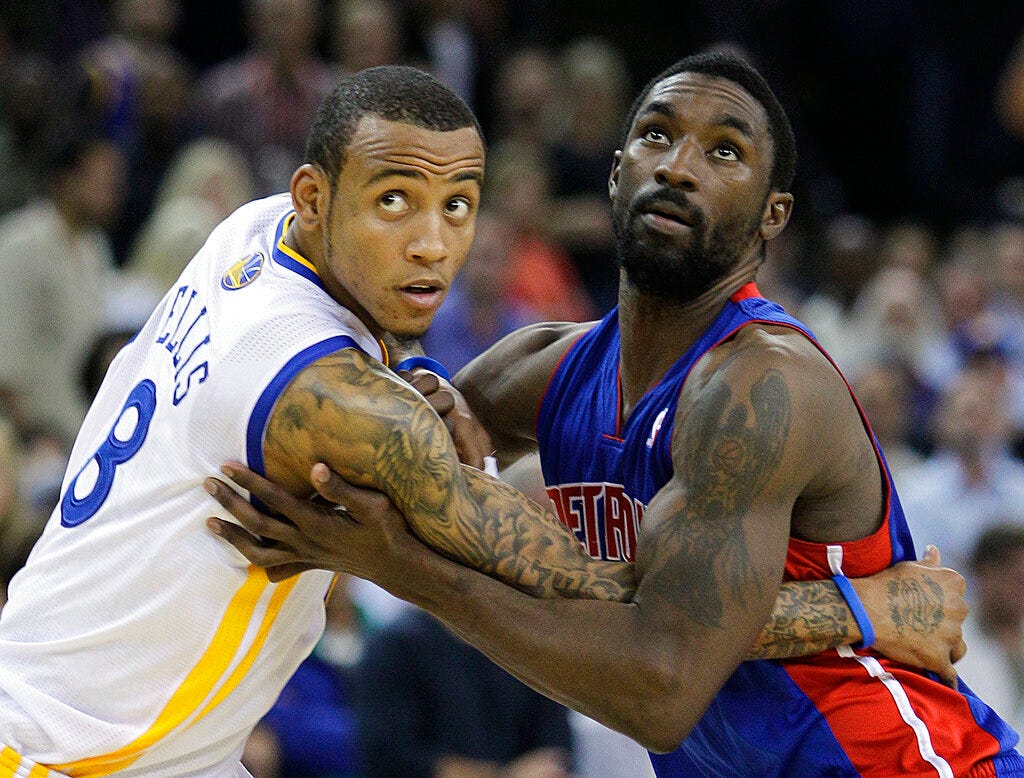 Pistons' Ben Gordon, right, and Warriors' Monta Ellis battle for position during the second half of an NBA game in 2010 in Oakland, Calif.