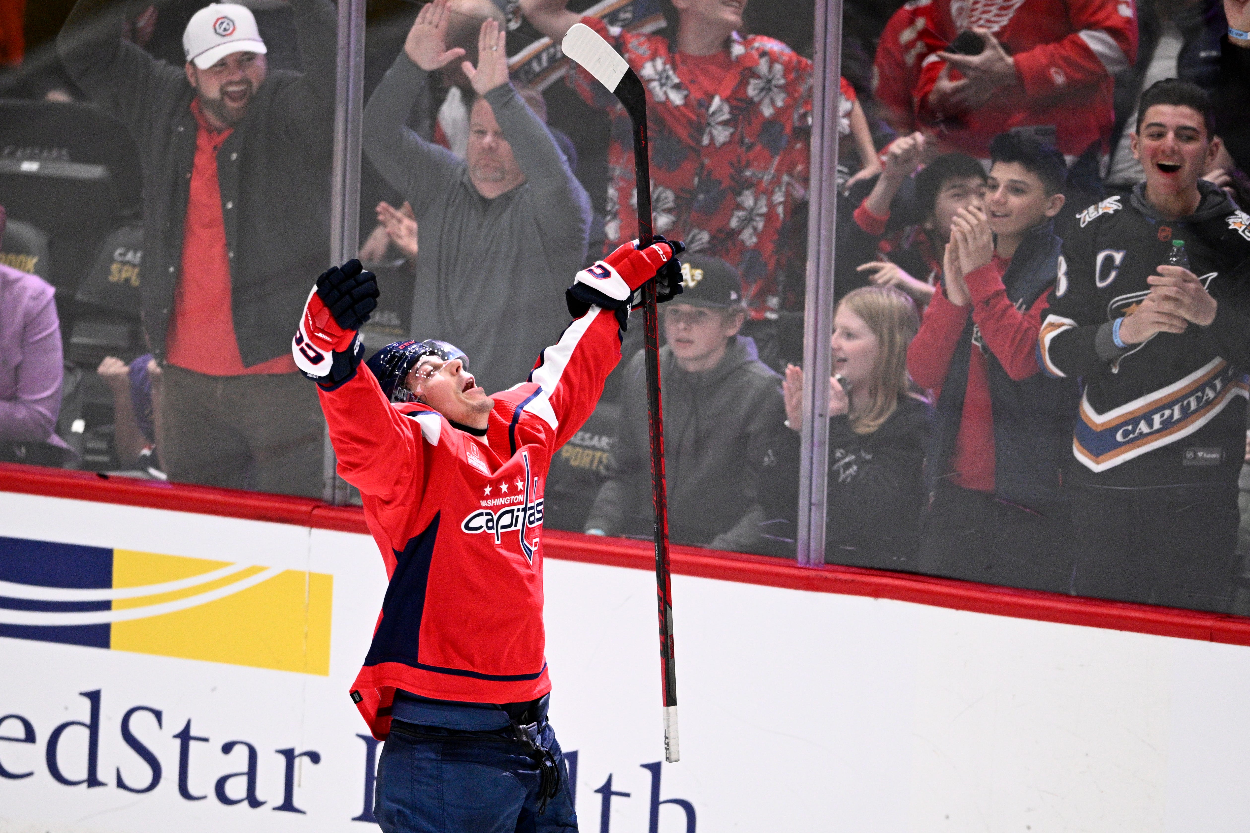Washington Capitals center Dylan Strome celebrates his game-winning goal during overtime.
