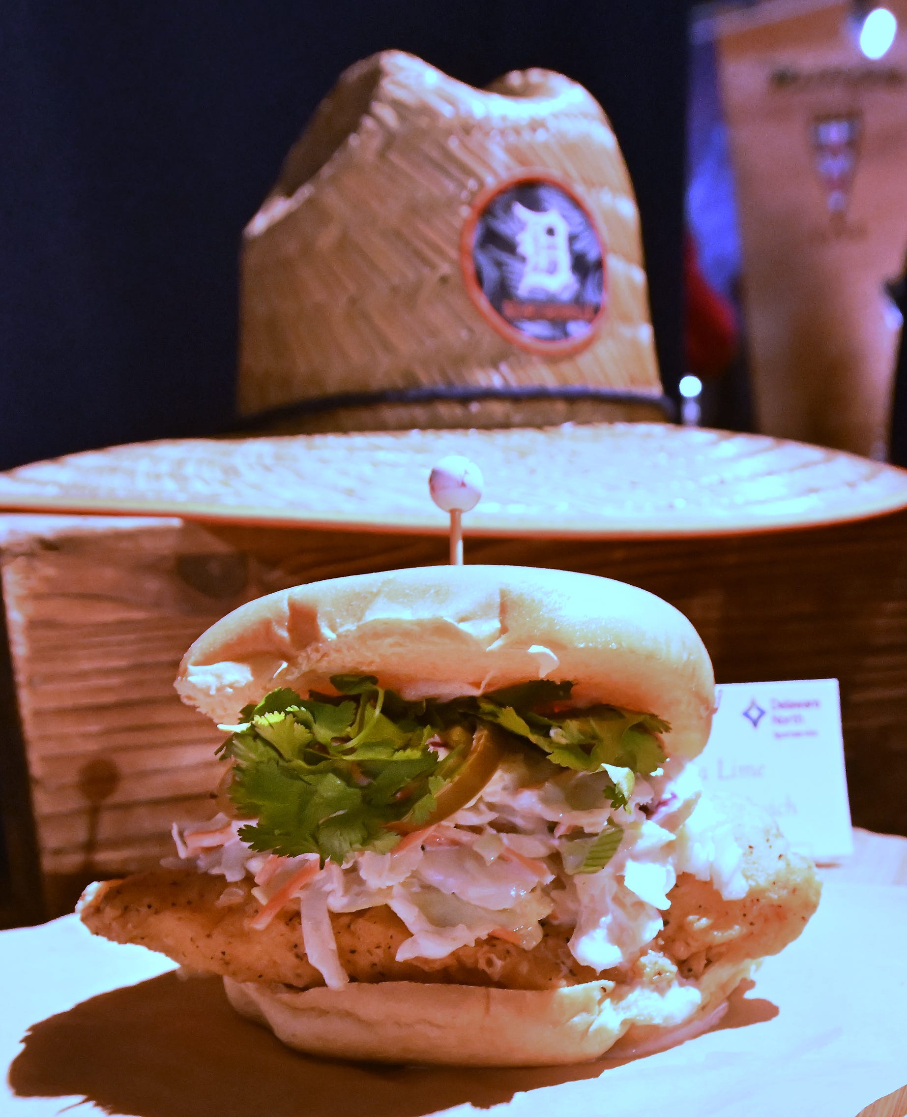 A tequila lime chicken sandwich, which pairs nicely with a margarita, during the Tigers "what's new" event at Comerica Park for the 2024 season.