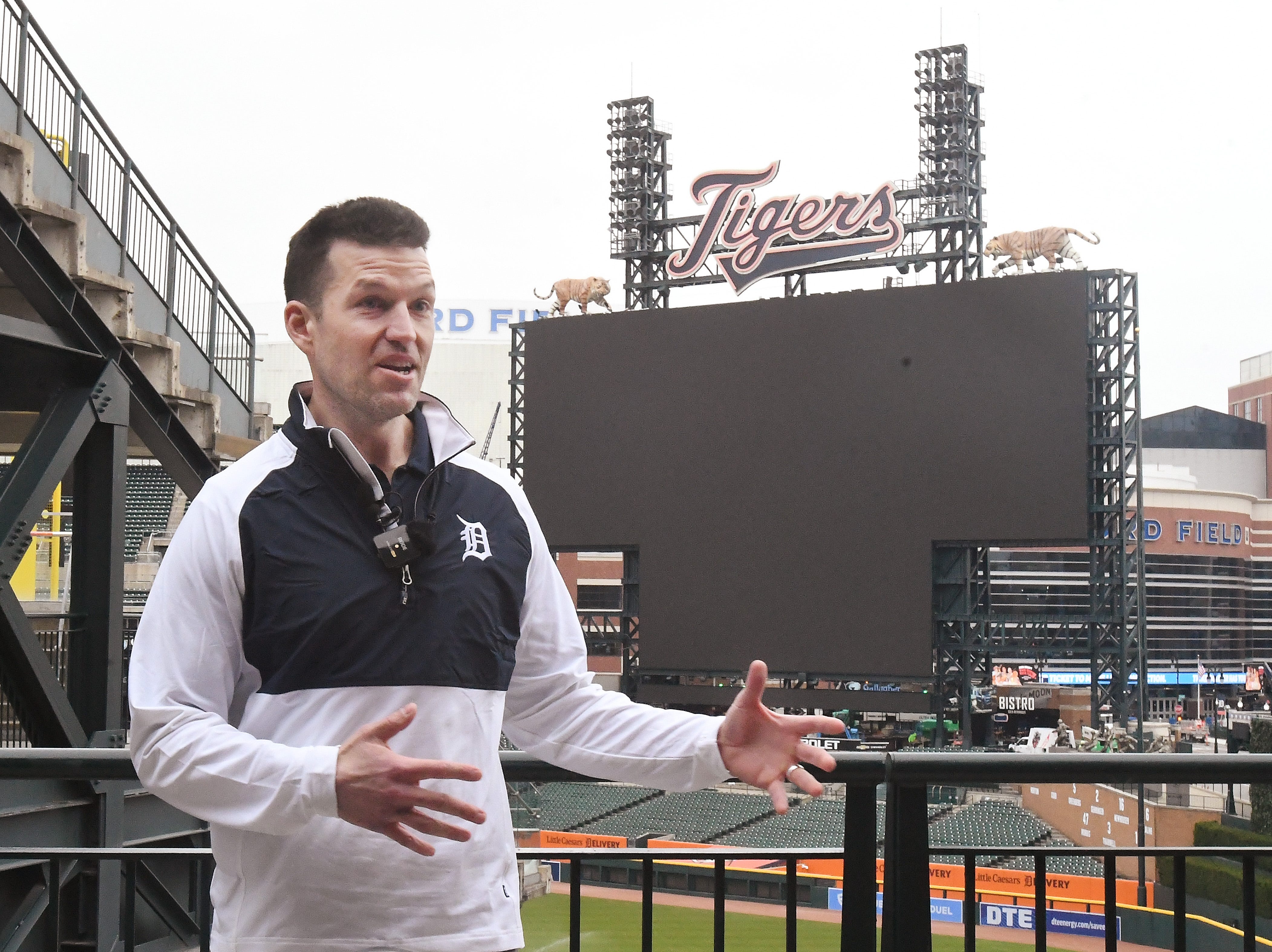 Ryan Gustafson, president and CEO of Ilitch Sports and Entertainment, talks about the giant new videoboard, second largest in MLB, during the Tigers "what's new" event at Comerica Park for the 2024 season.