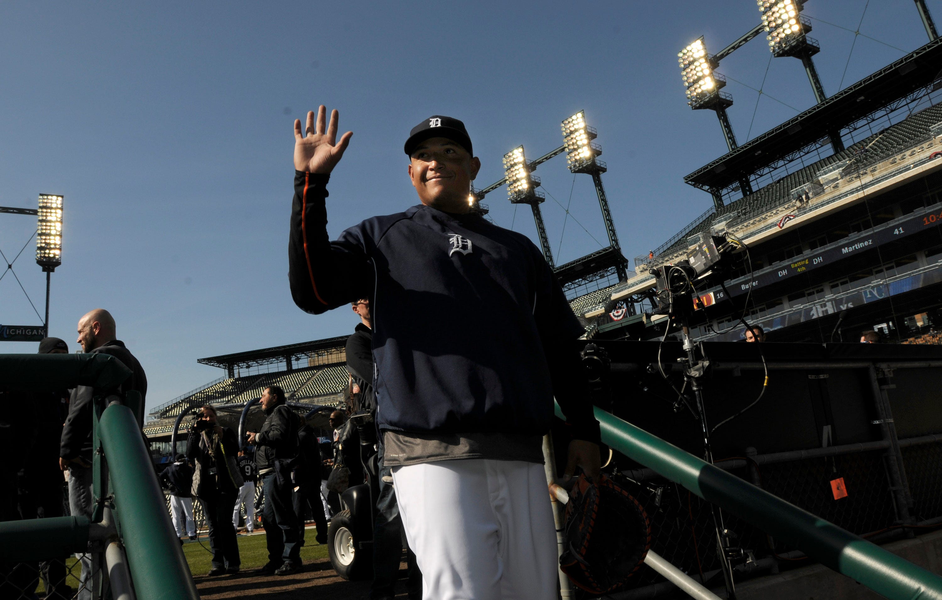 Tigers' Miguel Cabrera waves to the crowd after batting practice on Monday, March 31, 2014. Photos of Detroit Tigers Opening Day on Monday, March 31, 2014 at Comerica Park in Detroit.