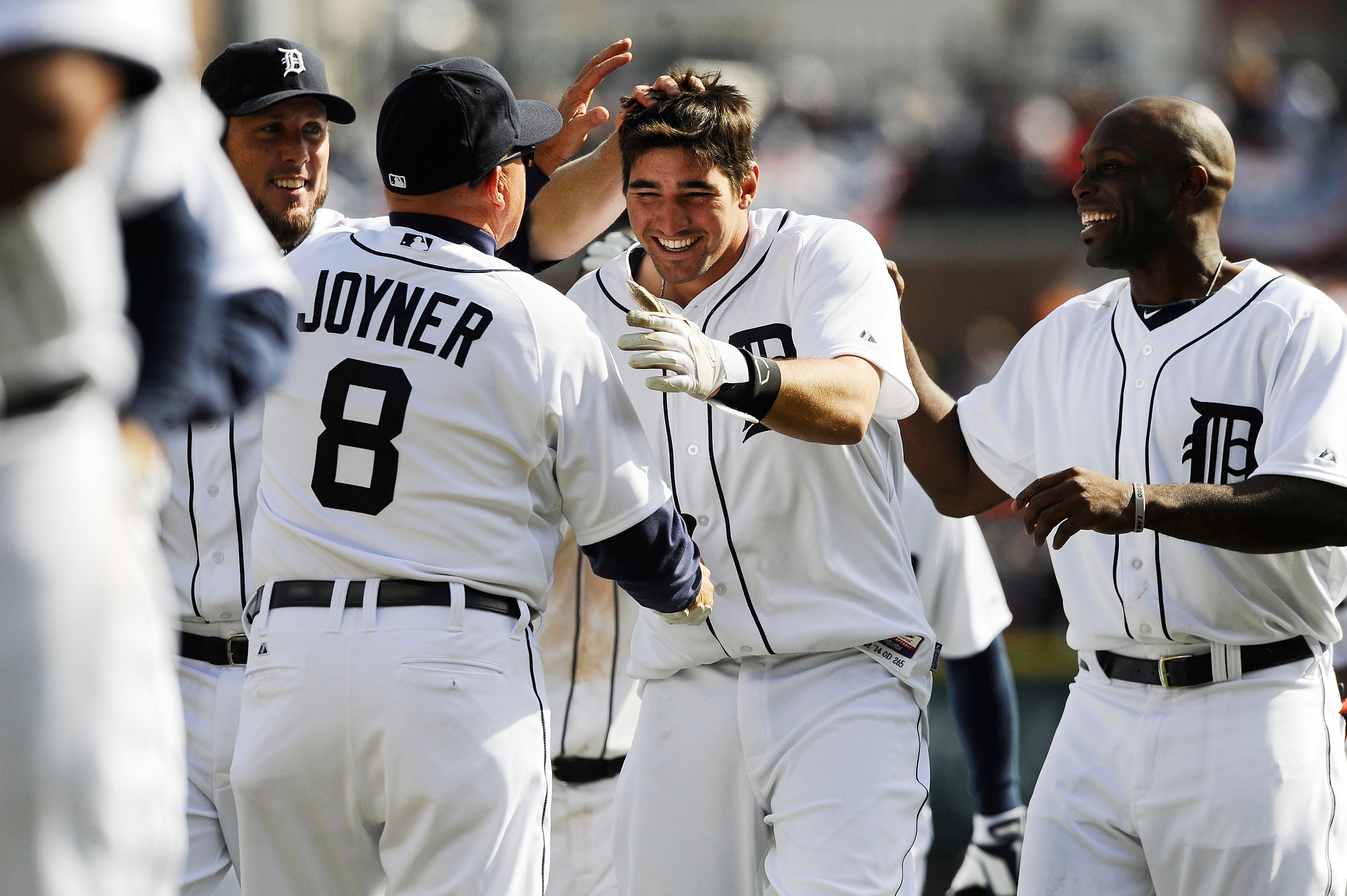 Tigers' Nick Castellanos is congratulated after his season opener debut in the Tigers 4-3 win. Photos of Detroit Tigers Opening Day on Monday, March 31, 2014 at Comerica Park in Detroit.