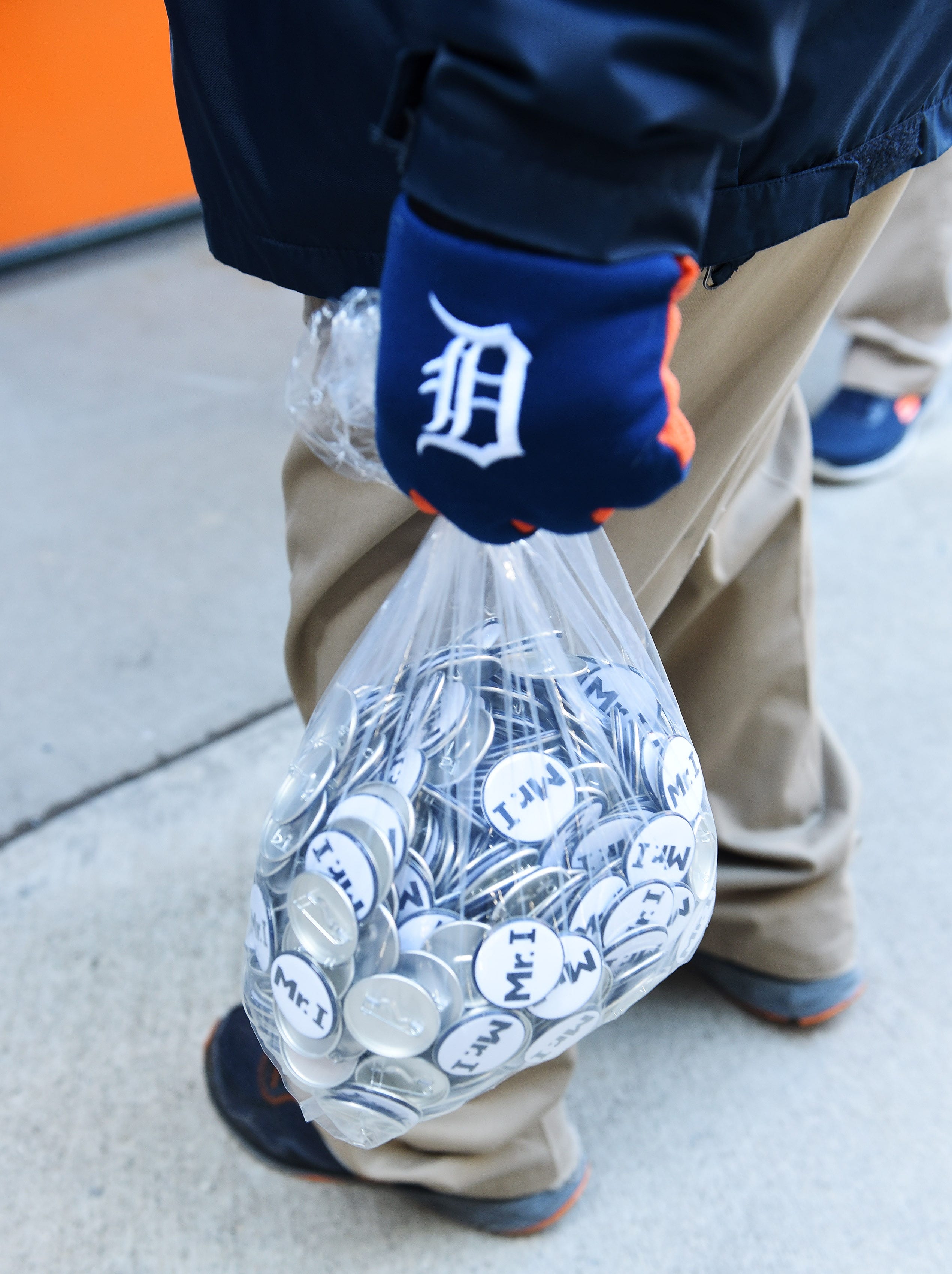A bag of 'Mr. I' pins to be given out to fans when they enter the gates. Detroit Tigers Opening Day at Comerica Park in Detroit on April 7, 2017.