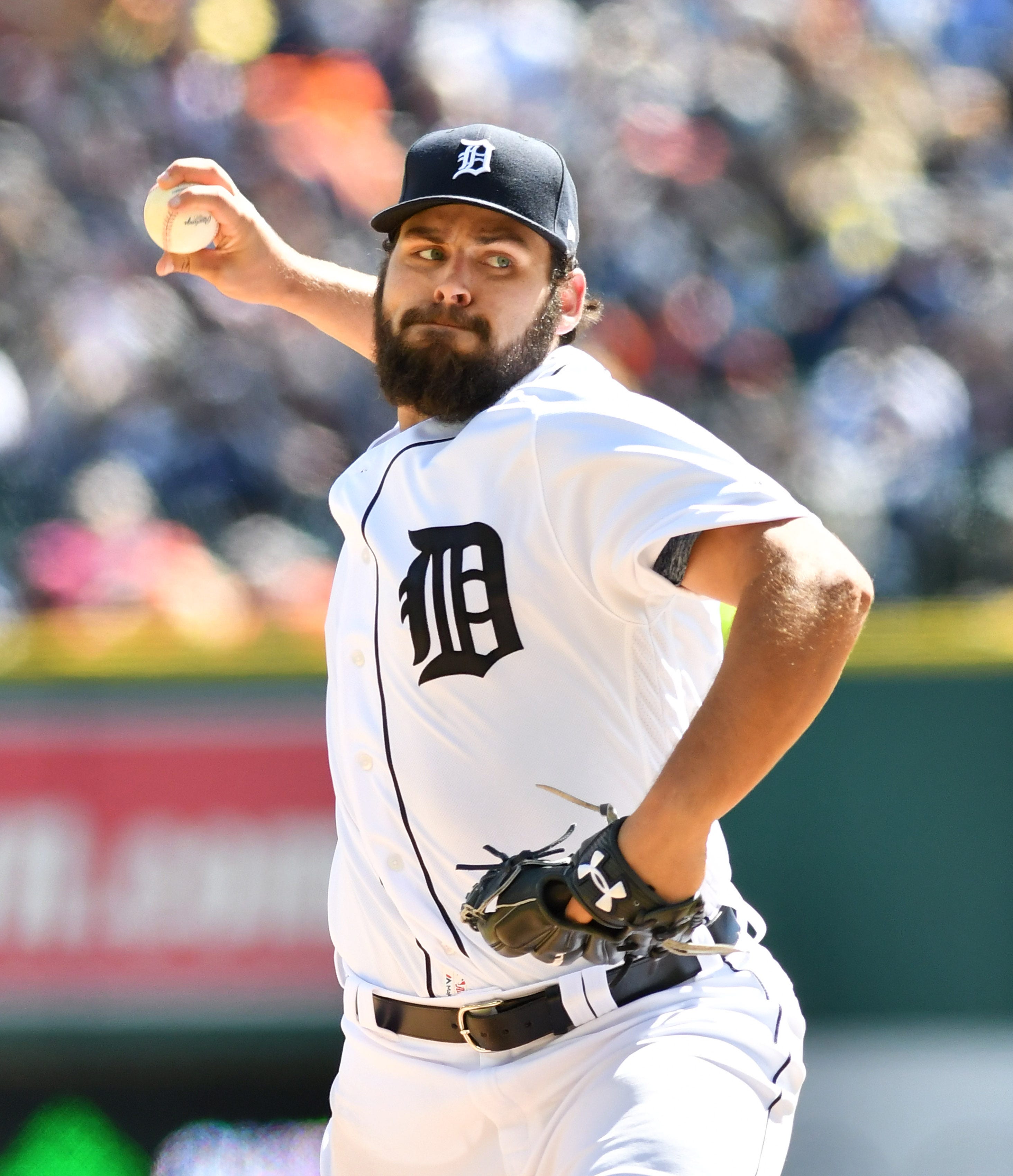 Tigers pitcher Michael Fulmer works in the sixth inning. Detroit Tigers vs Boston Red Sox at Tigers Opening Day at Comerica Park in Detroit on April 7, 2017. Tigers win, 6-5.